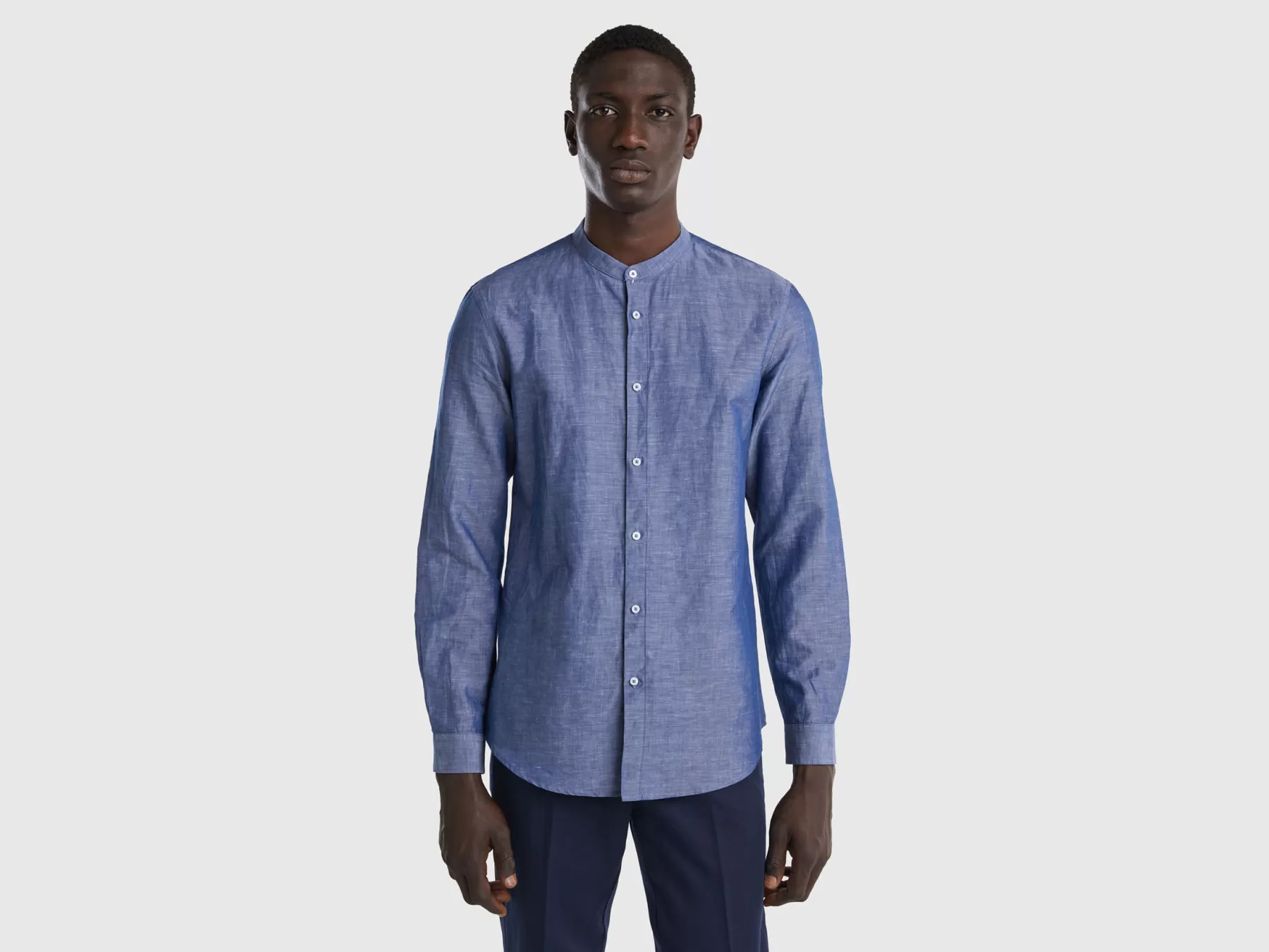 Benetton Camicia Coreana In Misto Lino Azzurro Fashion