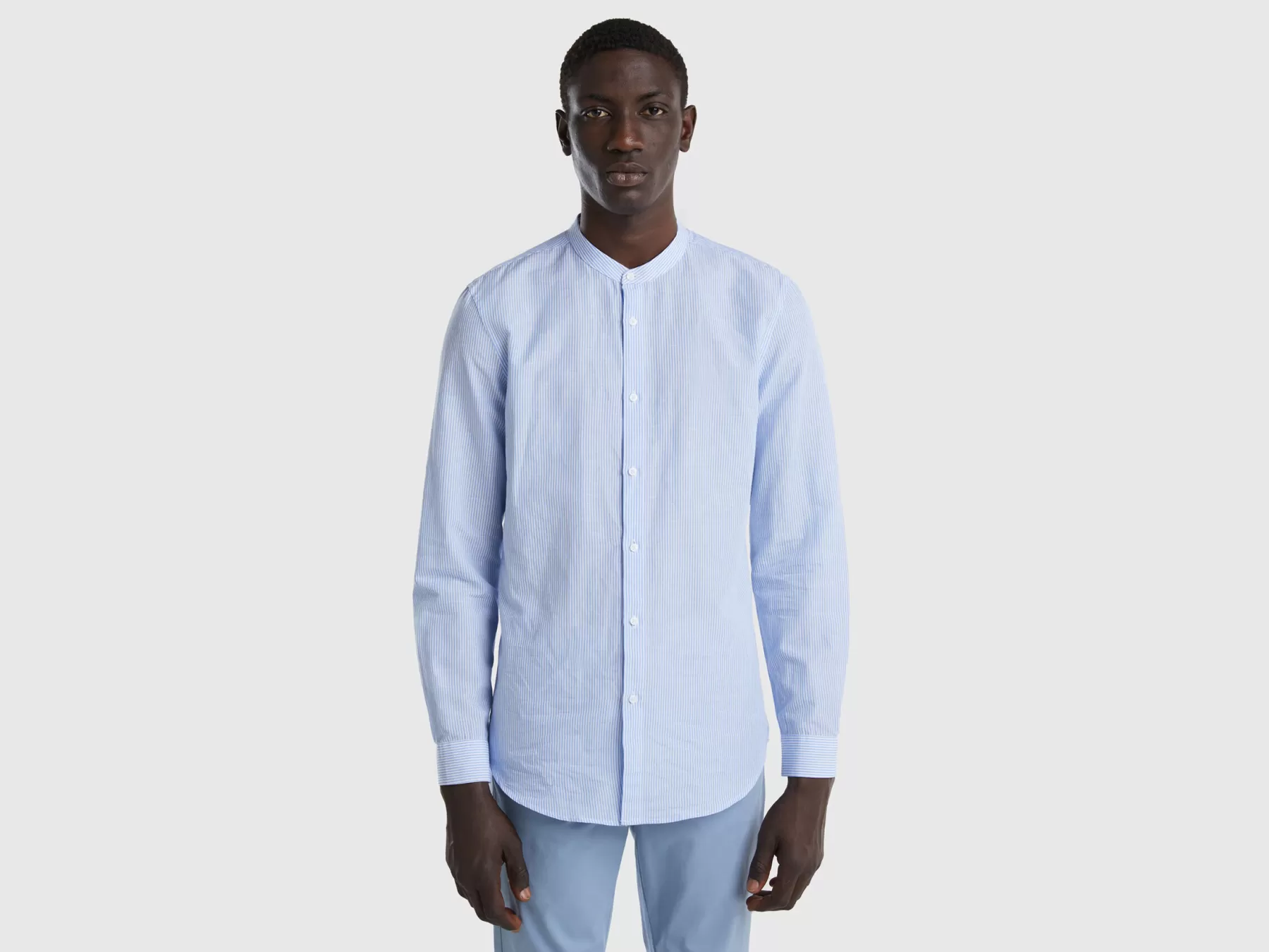 Benetton Camicia Coreana In Misto Lino Celeste Flash Sale