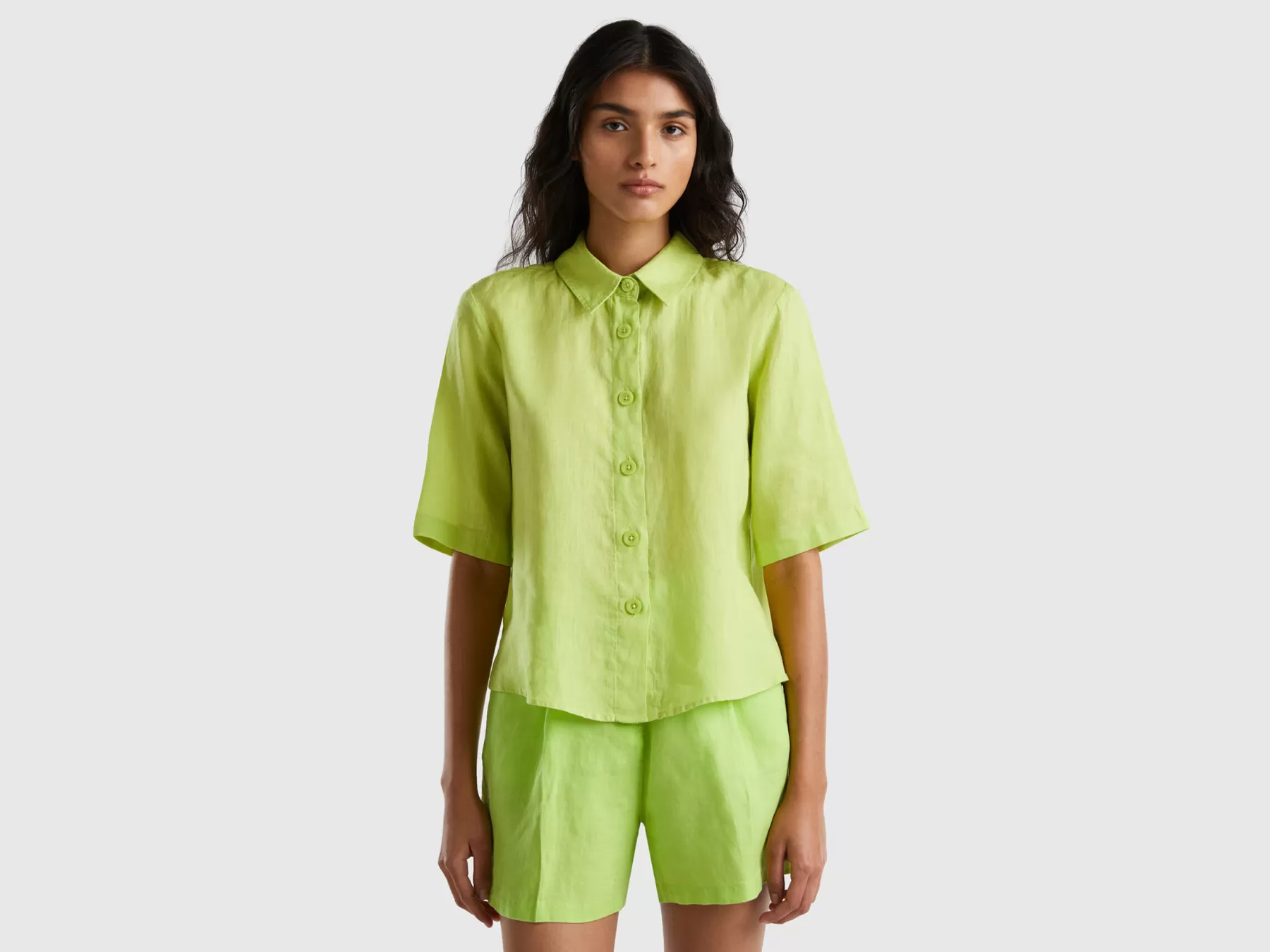 Benetton Camicia Corta In Puro Lino Verde Fluo Shop