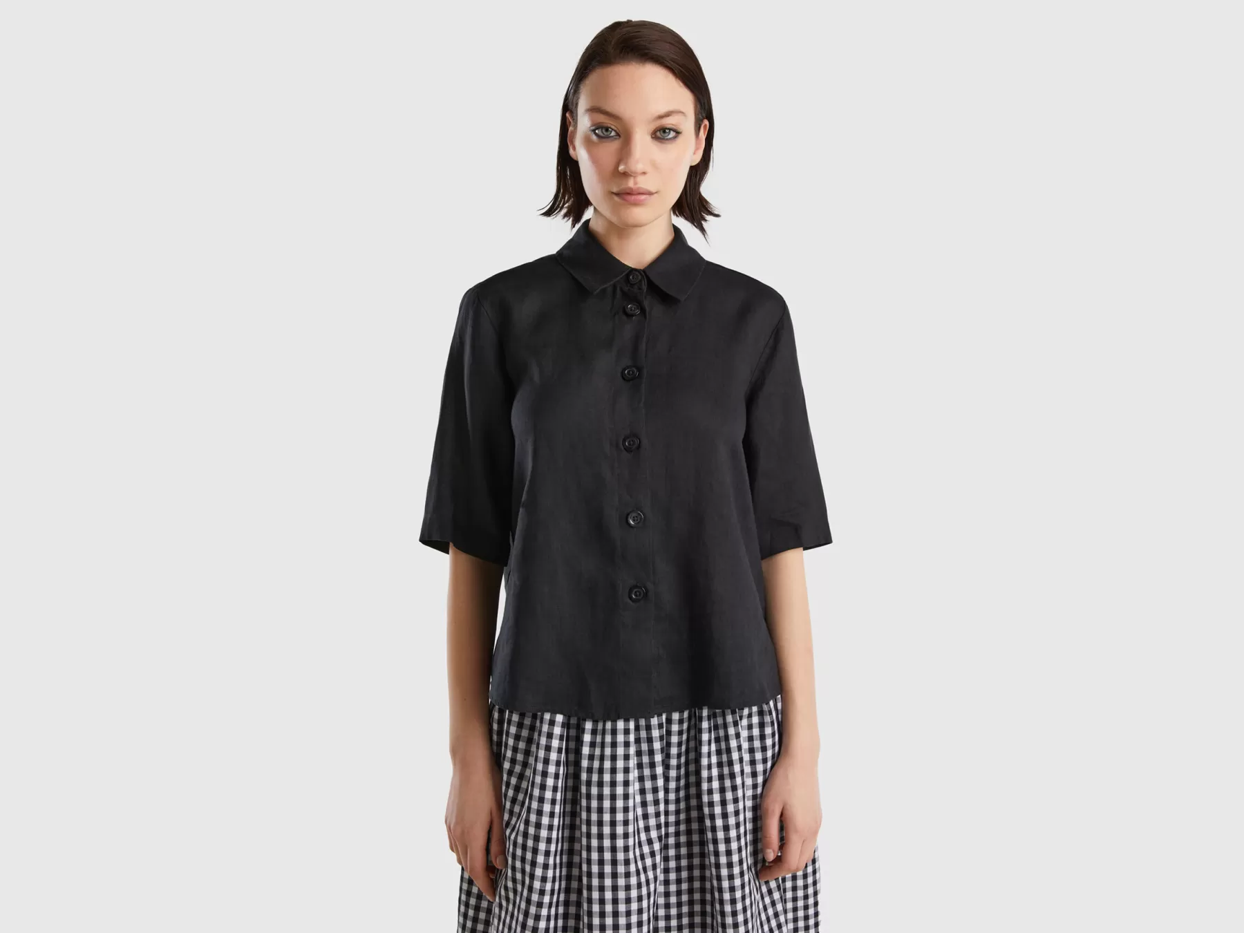 Benetton Camicia Corta In Puro Lino Nero Fashion