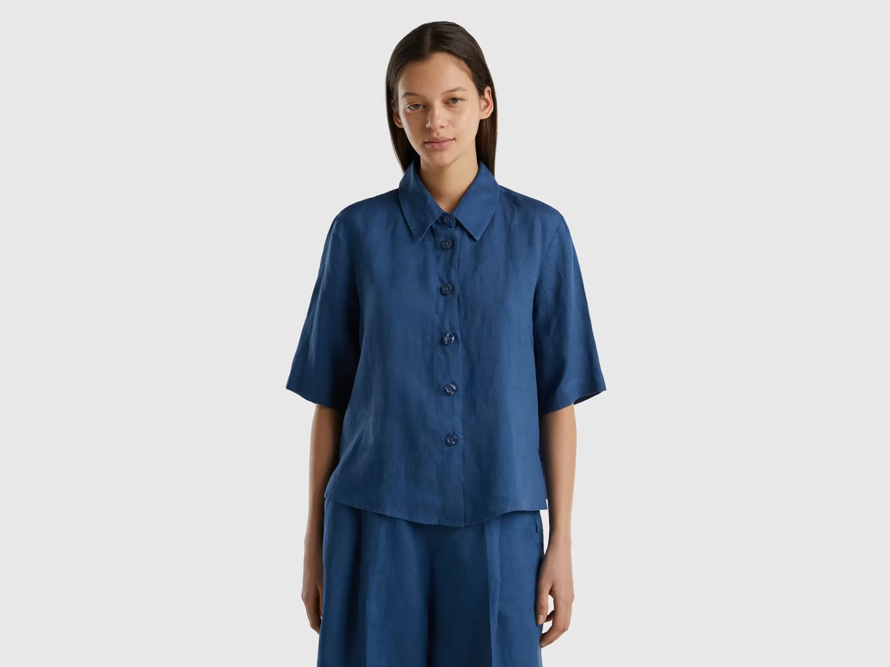 Benetton Camicia Corta In Puro Lino Blu Hot