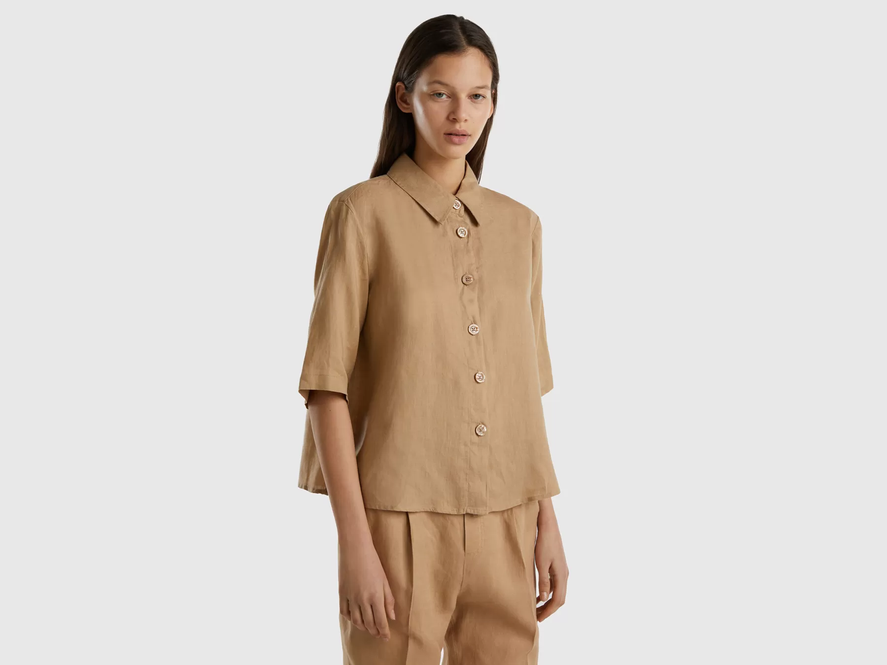 Benetton Camicia Corta In Puro Lino Cammello Sale