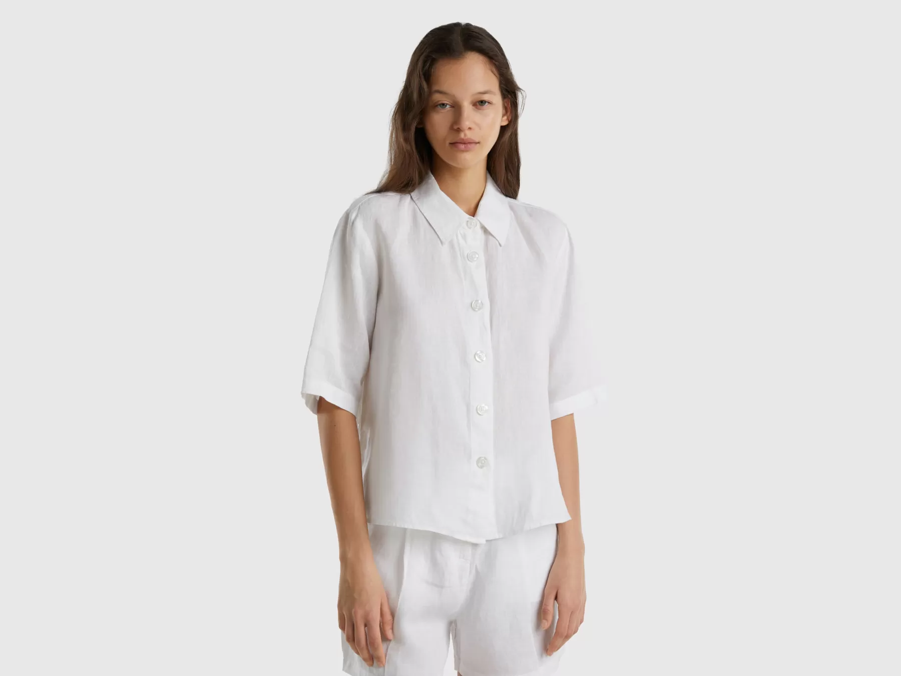 Benetton Camicia Corta In Puro Lino Bianco Online