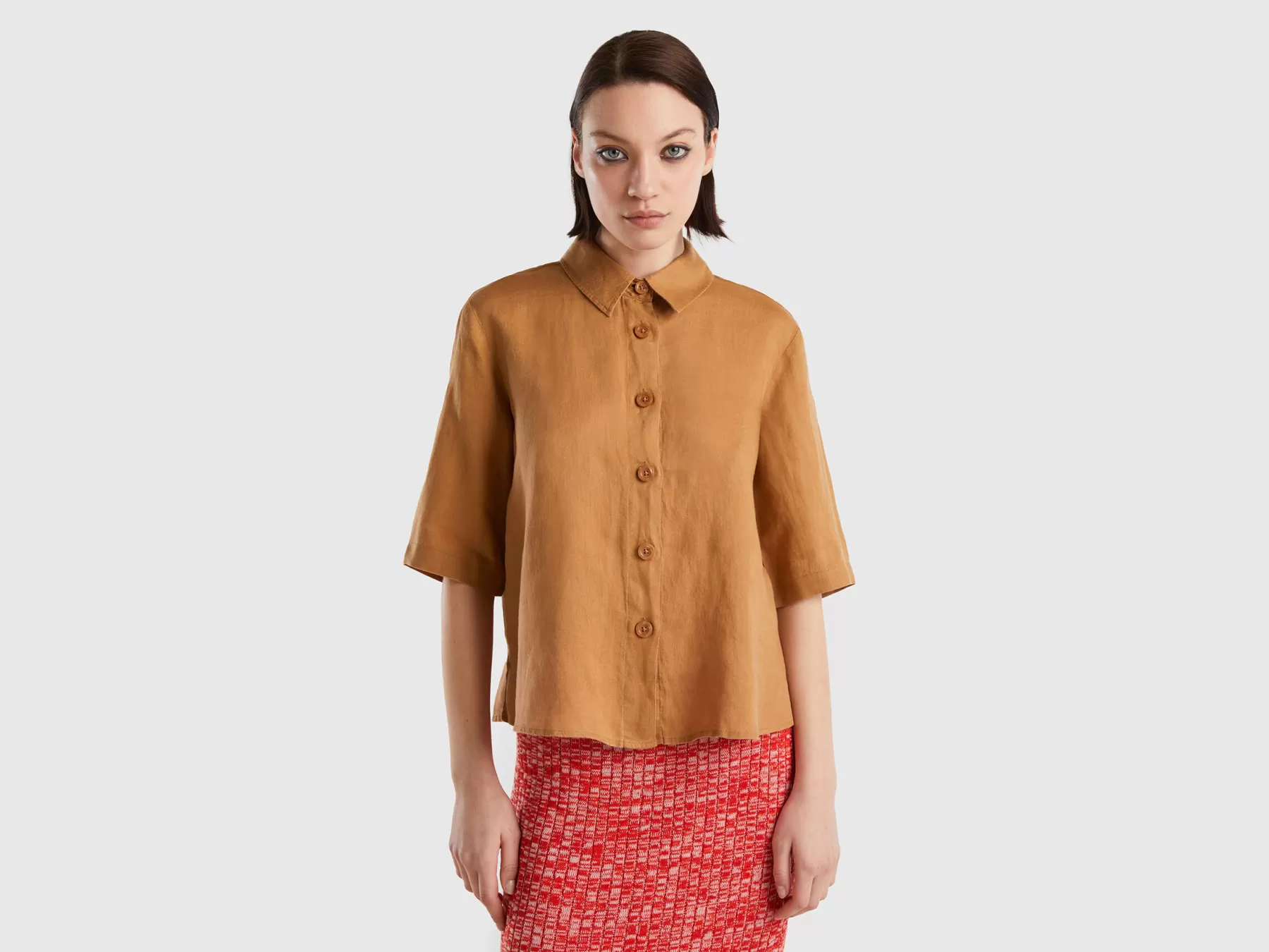 Benetton Camicia Corta In Puro Lino Beige Flash Sale