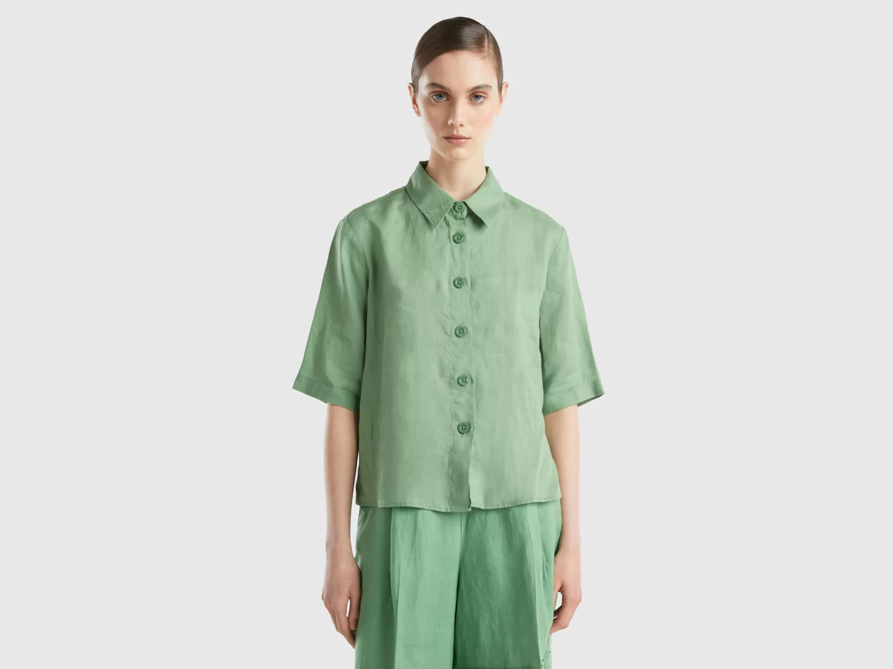 Benetton Camicia Corta In Puro Lino Verde Clearance