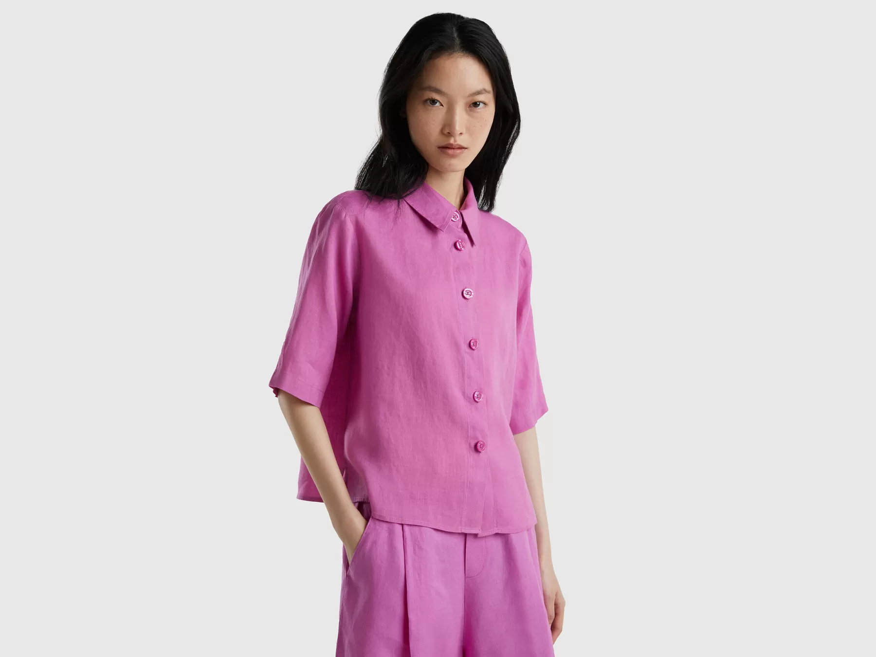 Benetton Camicia Corta In Puro Lino Malva Cheap