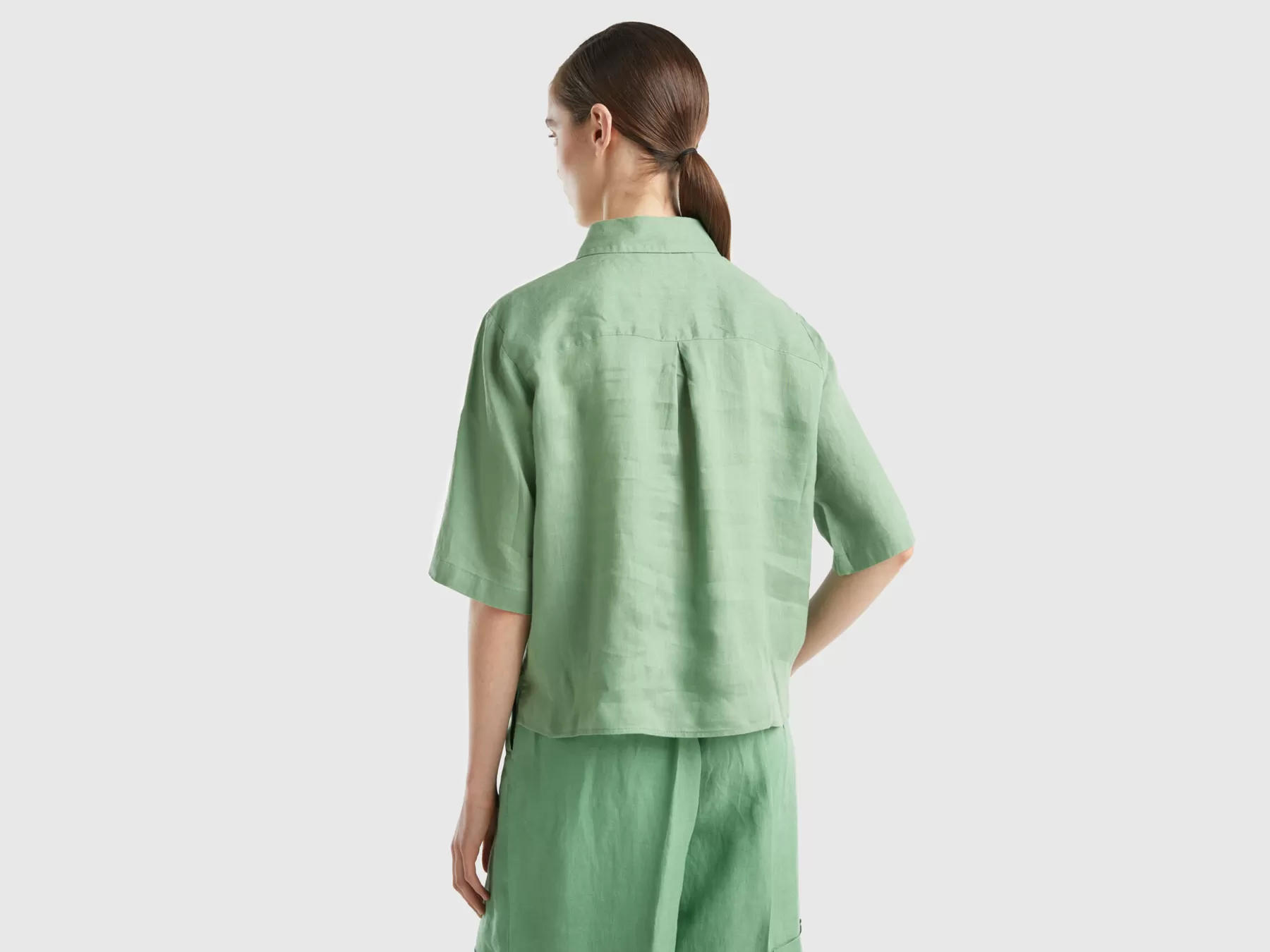 Benetton Camicia Corta In Puro Lino Verde Clearance