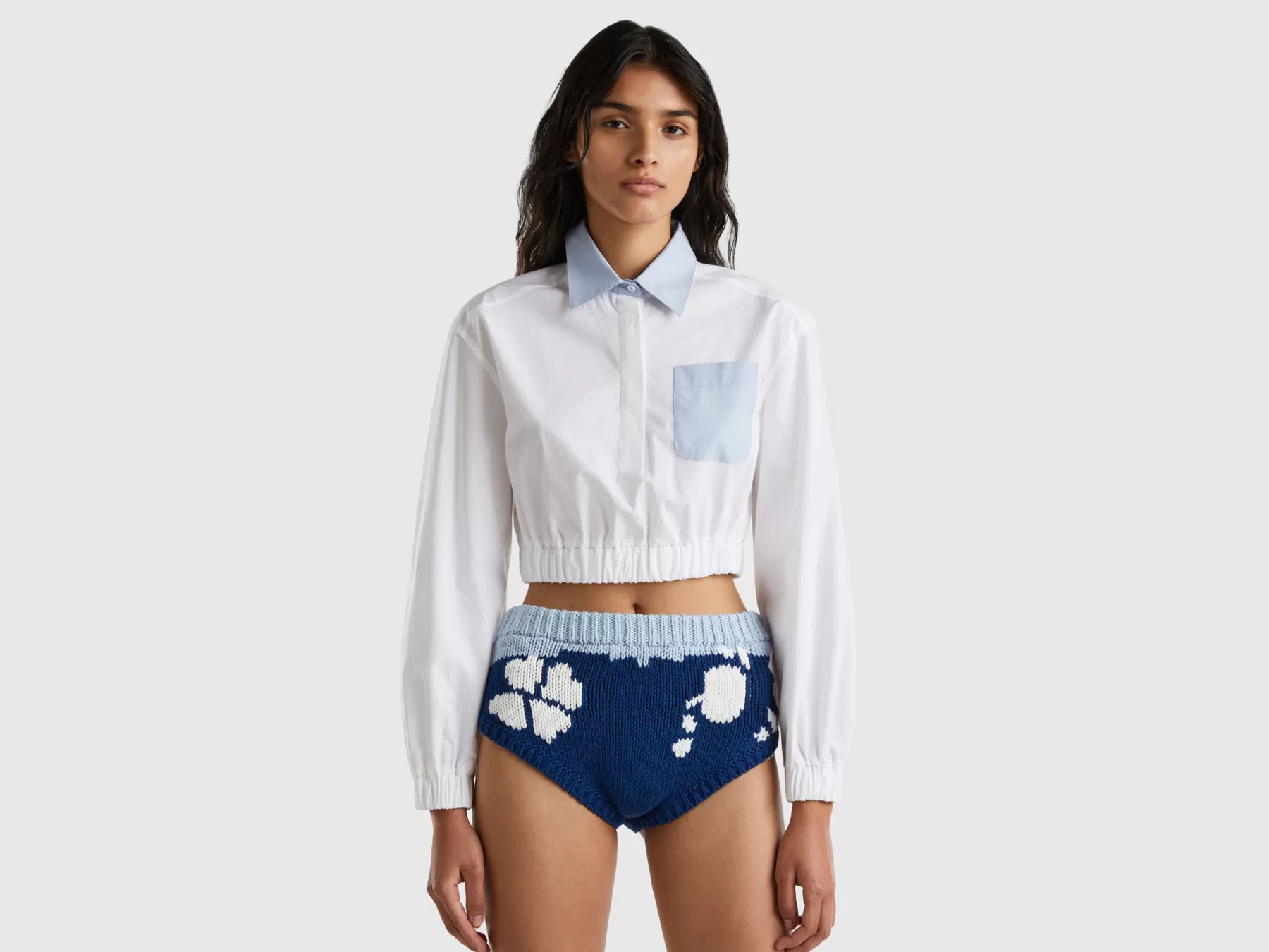 Benetton Camicia Cropped Con Taschino Celeste Cheap