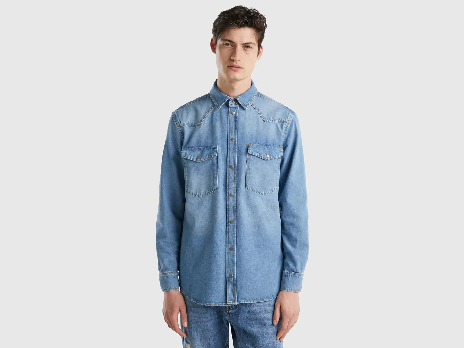 Benetton Camicia Di Jeans Con Taschini Blu Scuro Best