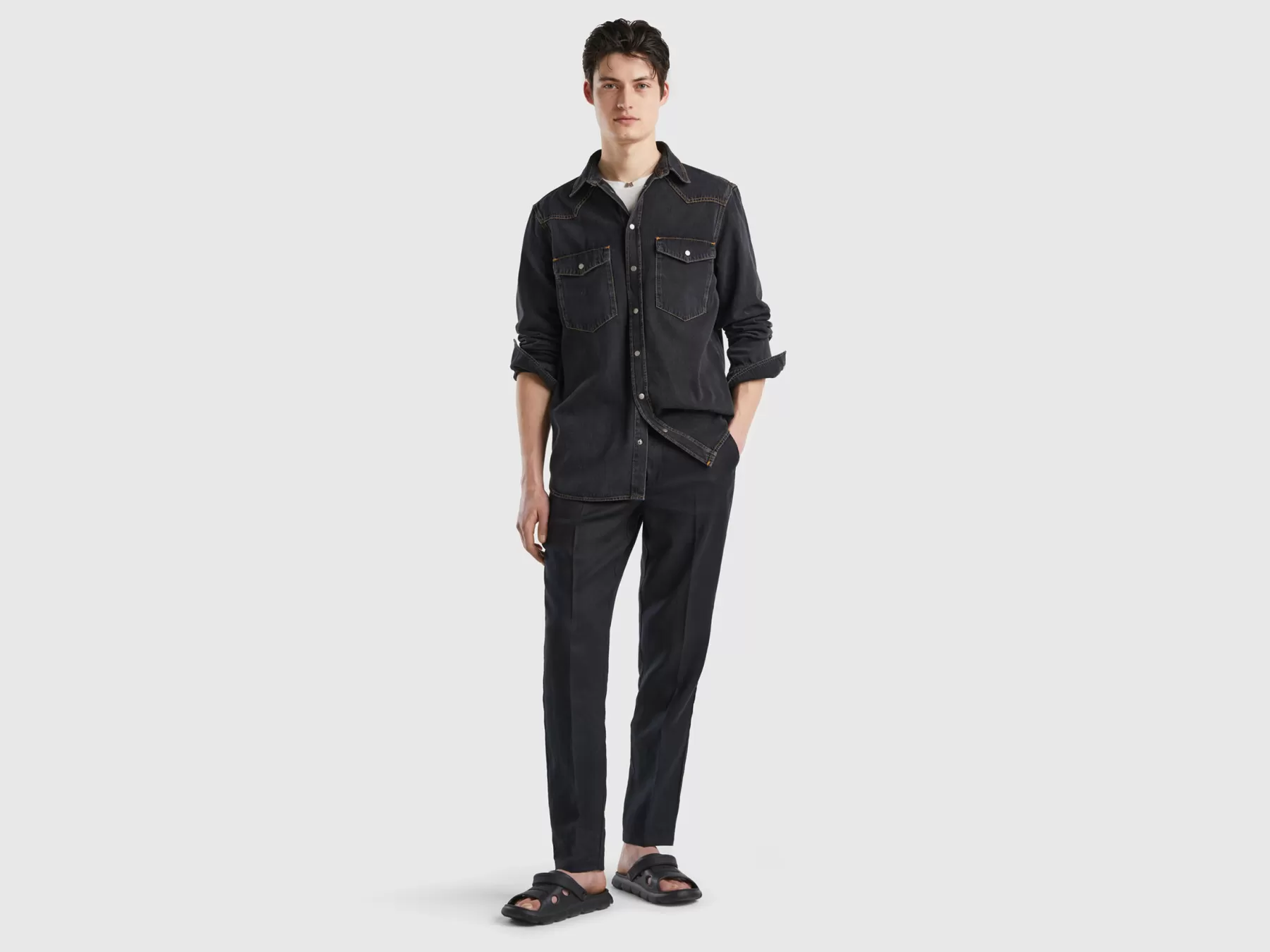 Benetton Camicia Di Jeans Con Taschini Nero Cheap