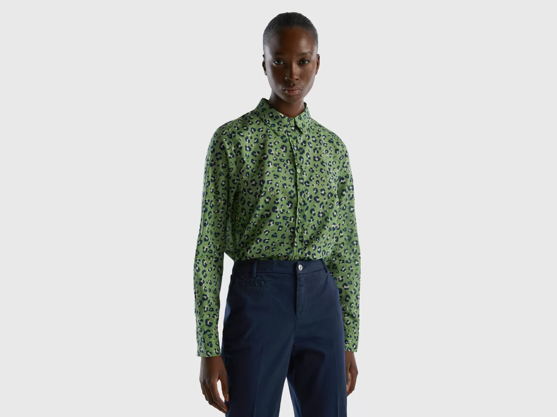 Benetton Camicia Fantasia 100% Cotone Verde Clearance