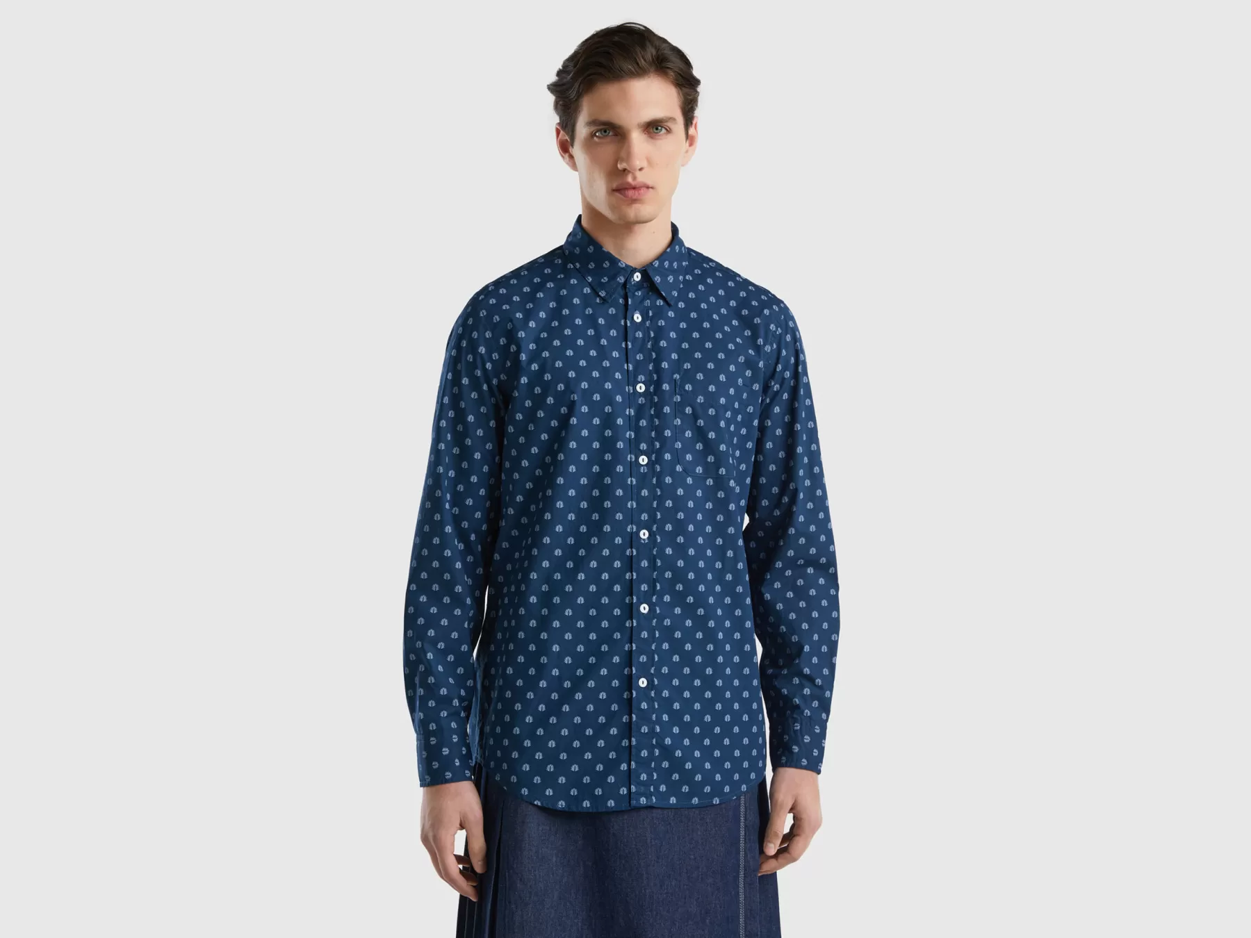 Benetton Camicia Fantasia In Cotone Leggero Blu Scuro Sale