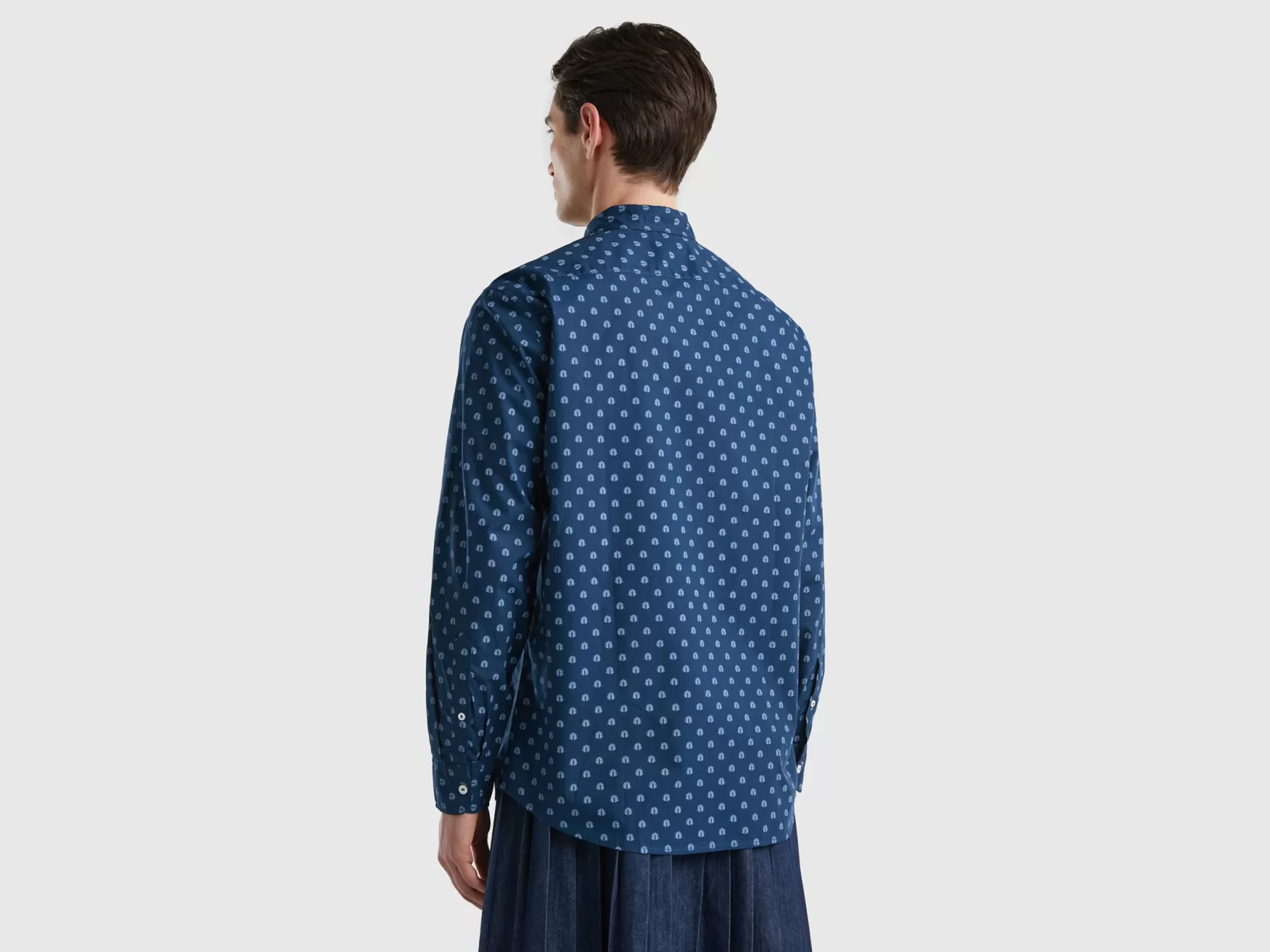 Benetton Camicia Fantasia In Cotone Leggero Blu Scuro Sale