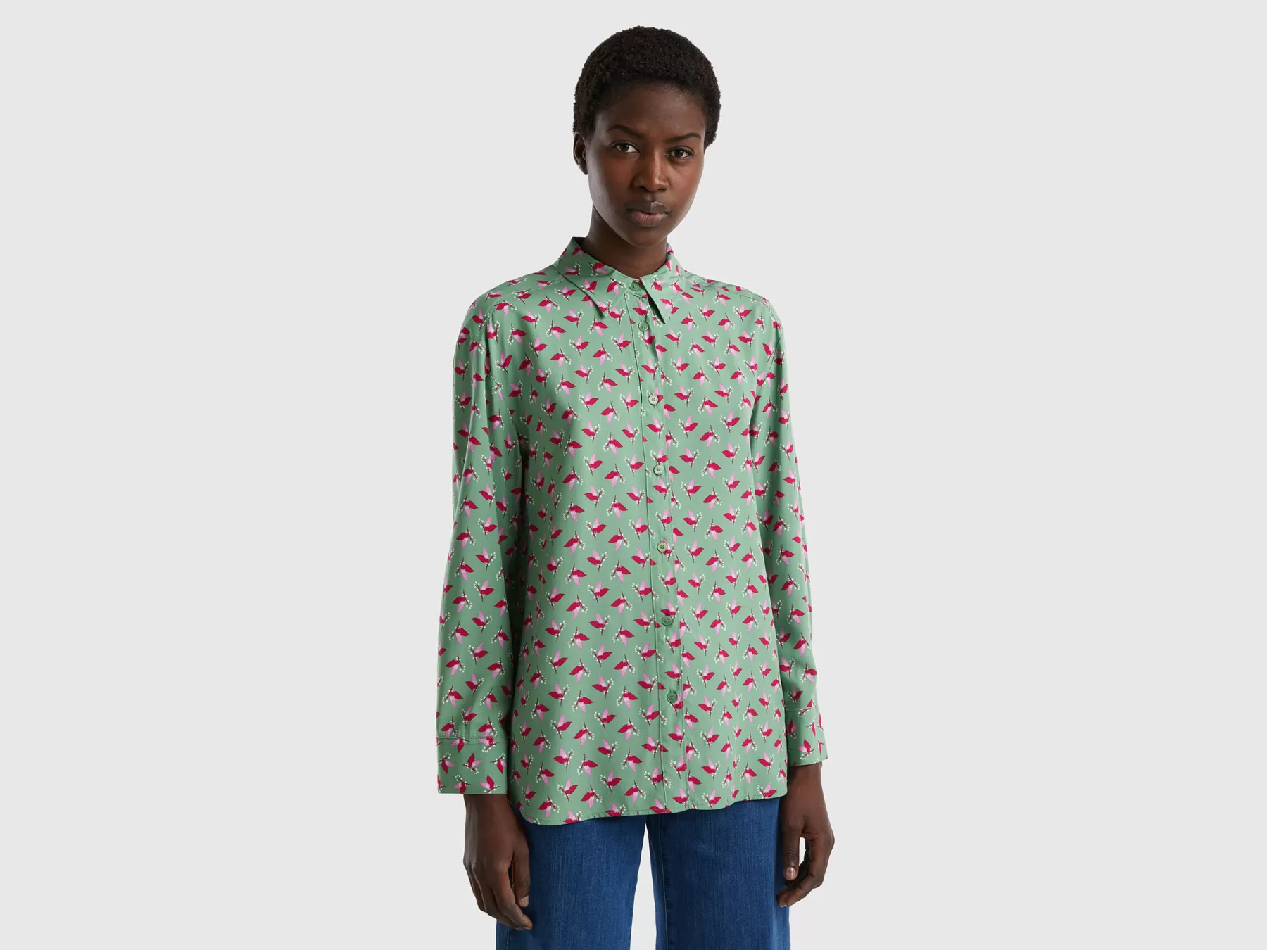 Benetton Camicia Fantasia In Viscosa Sostenibile Verde Best