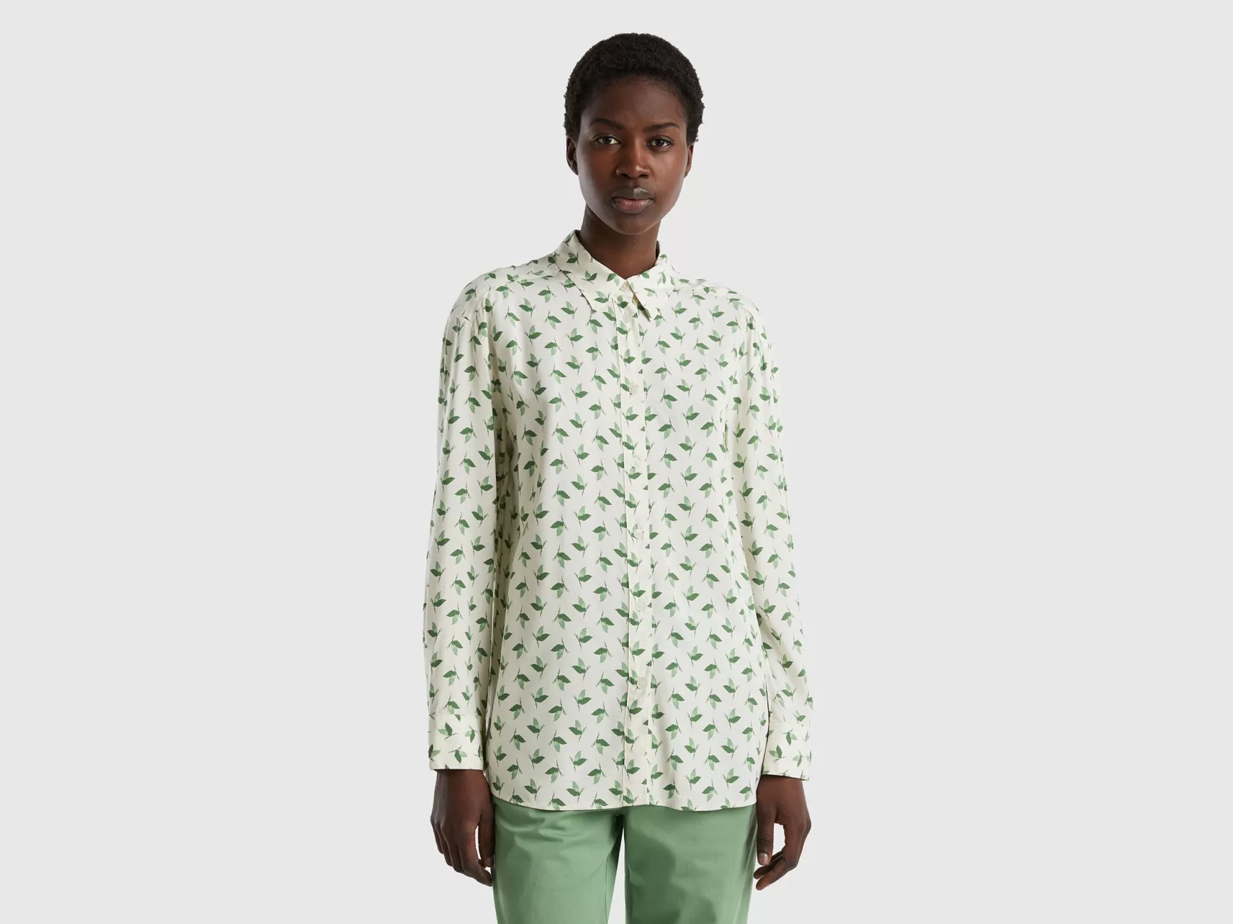 Benetton Camicia Fantasia In Viscosa Sostenibile Bianco Panna Best