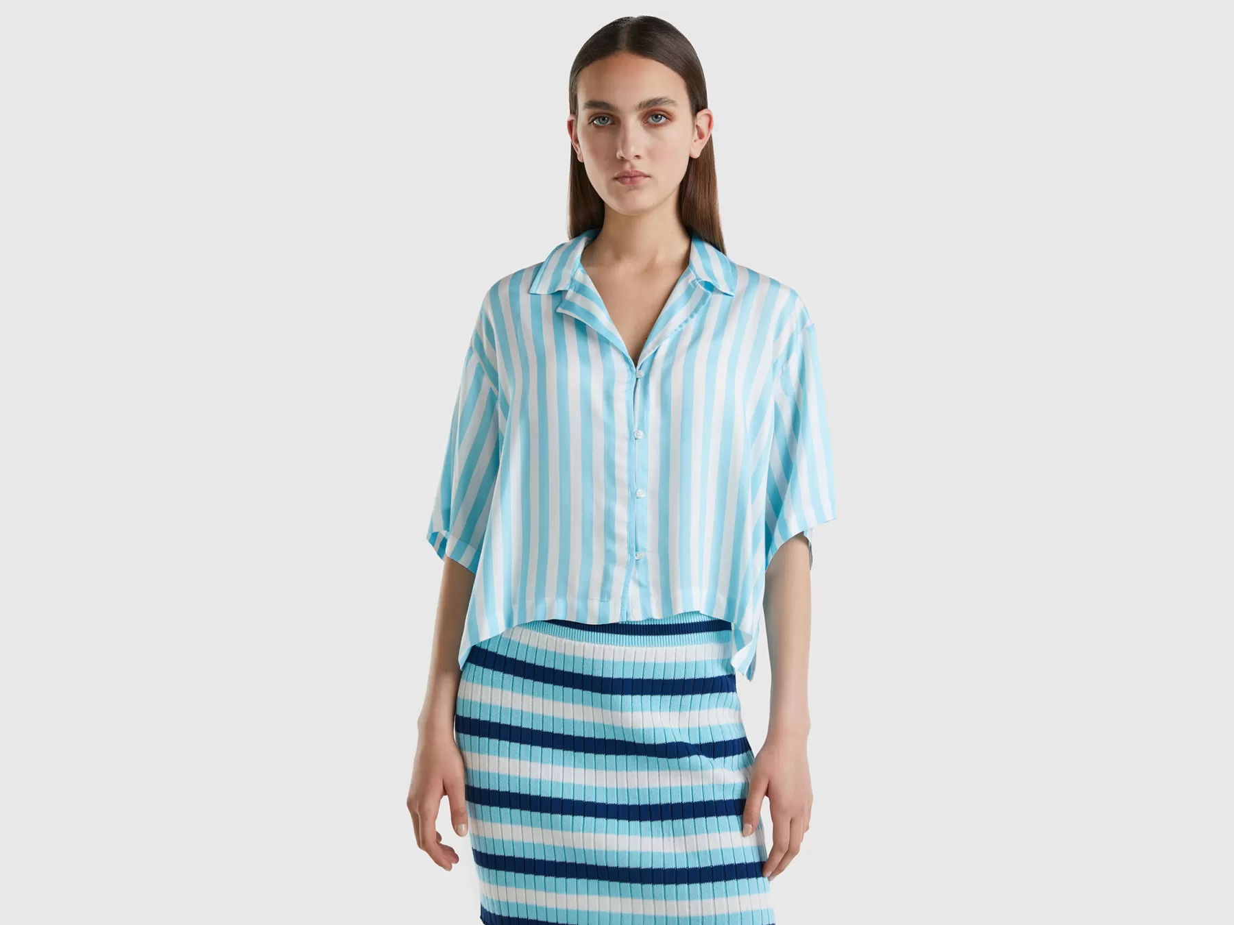 Benetton Camicia Fluida Con Stampa A Righe Azzurro Clearance