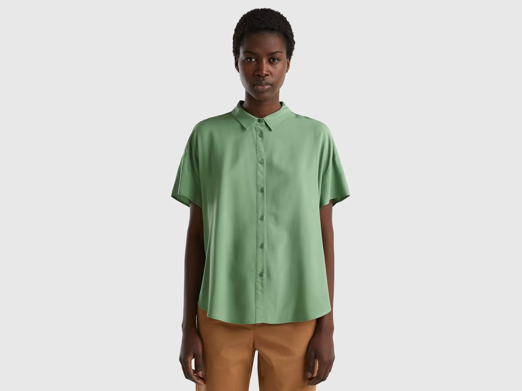 Benetton Camicia Fluida In Viscosa Sostenibile Verde Clearance