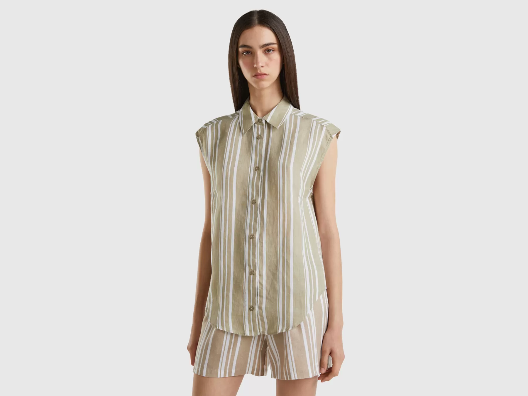 Benetton Camicia In Puro Lino Stampato Beige Shop