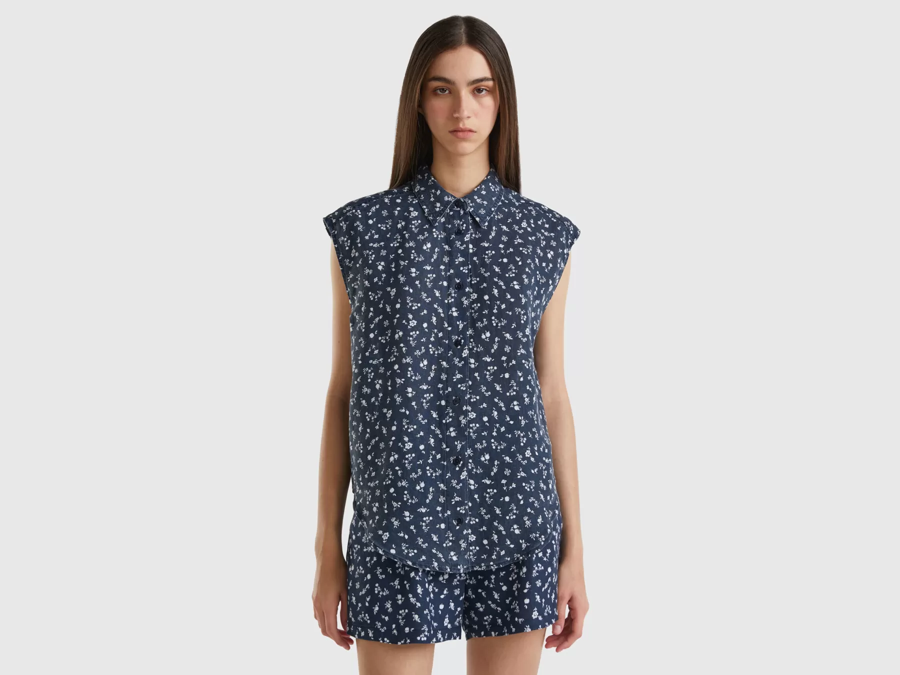 Benetton Camicia In Puro Lino Stampato Blu Scuro Online