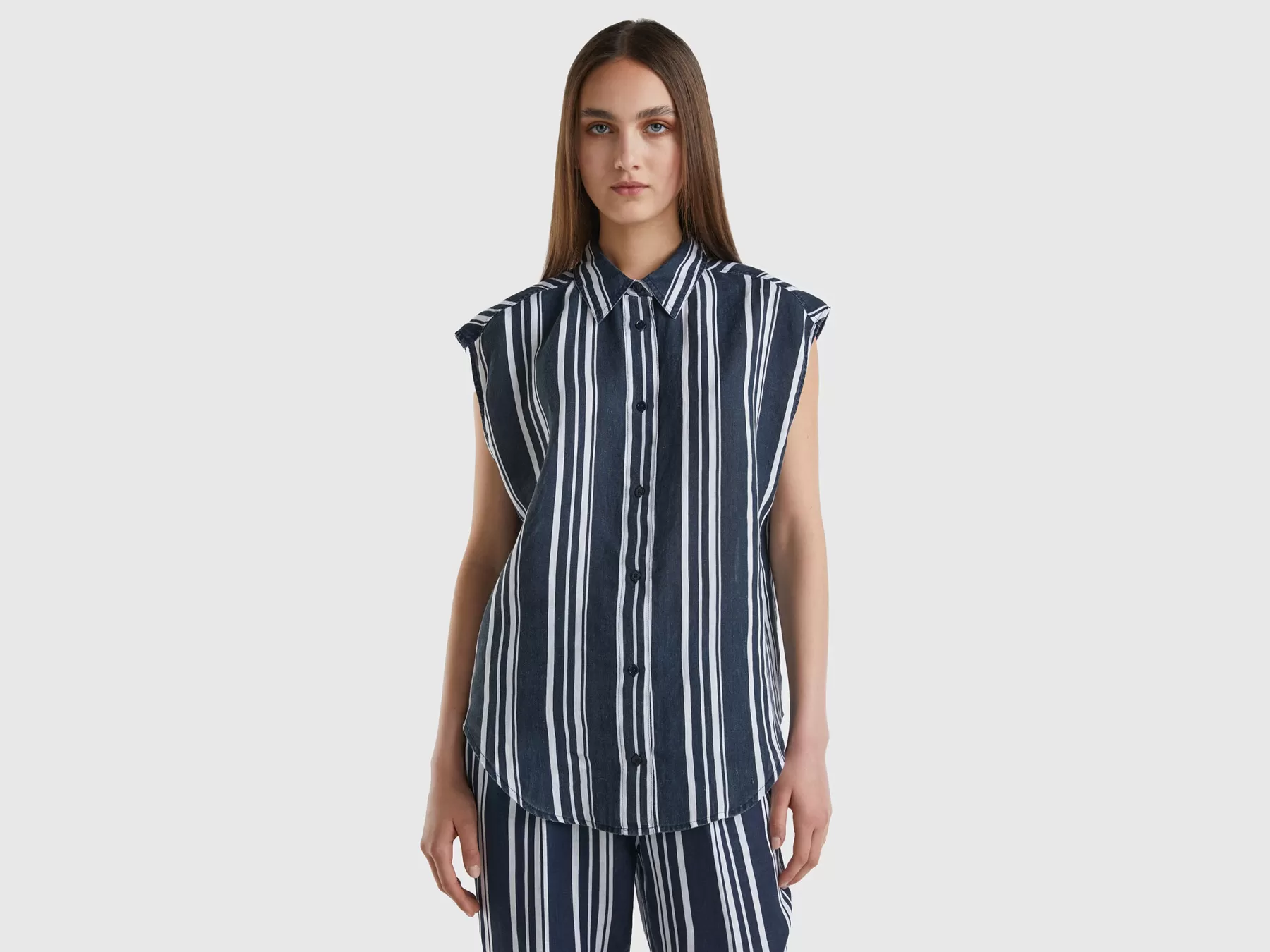 Benetton Camicia In Puro Lino Stampato Blu Scuro Outlet