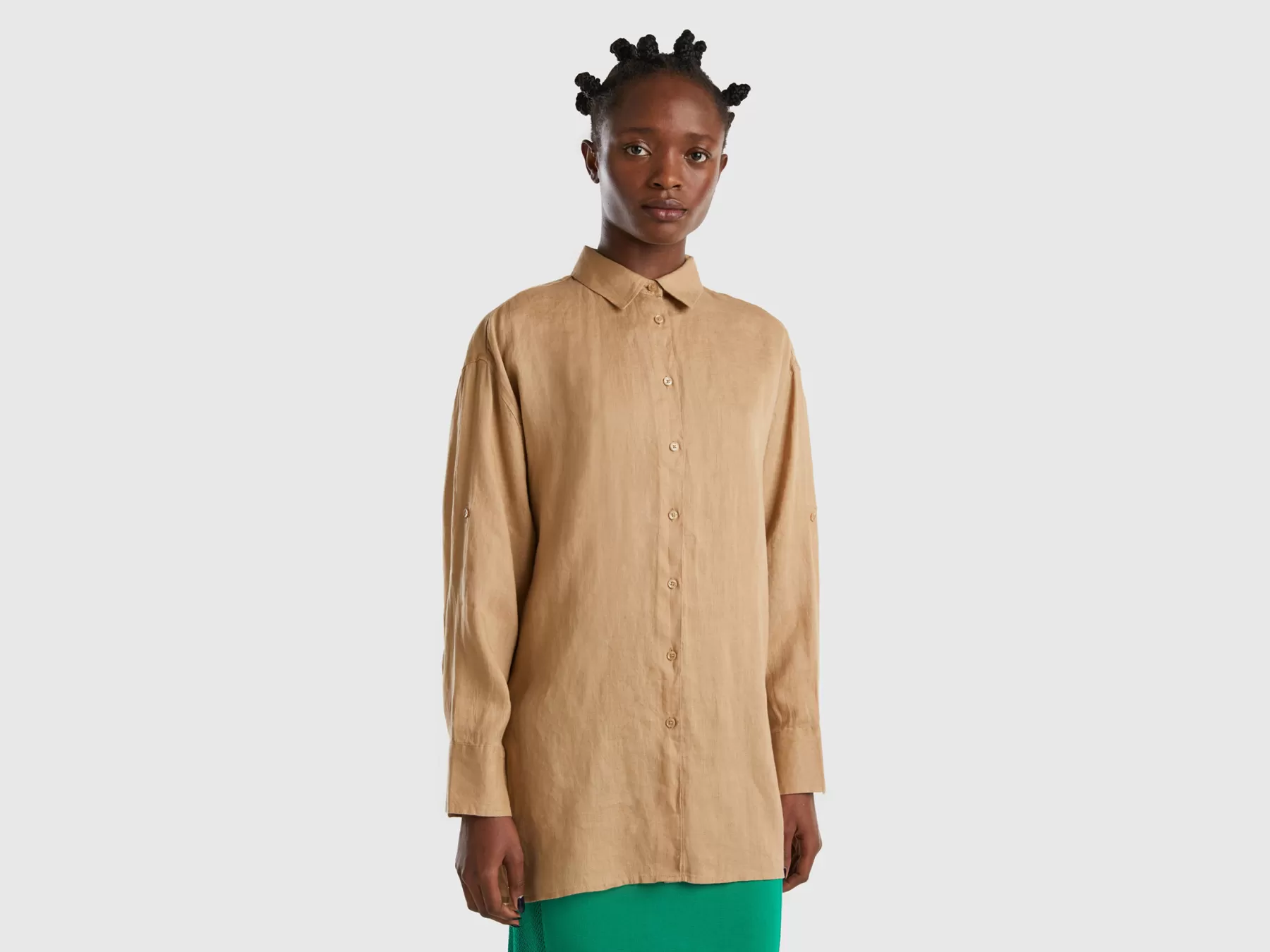 Benetton Camicia Lunga In Puro Lino Cammello Online