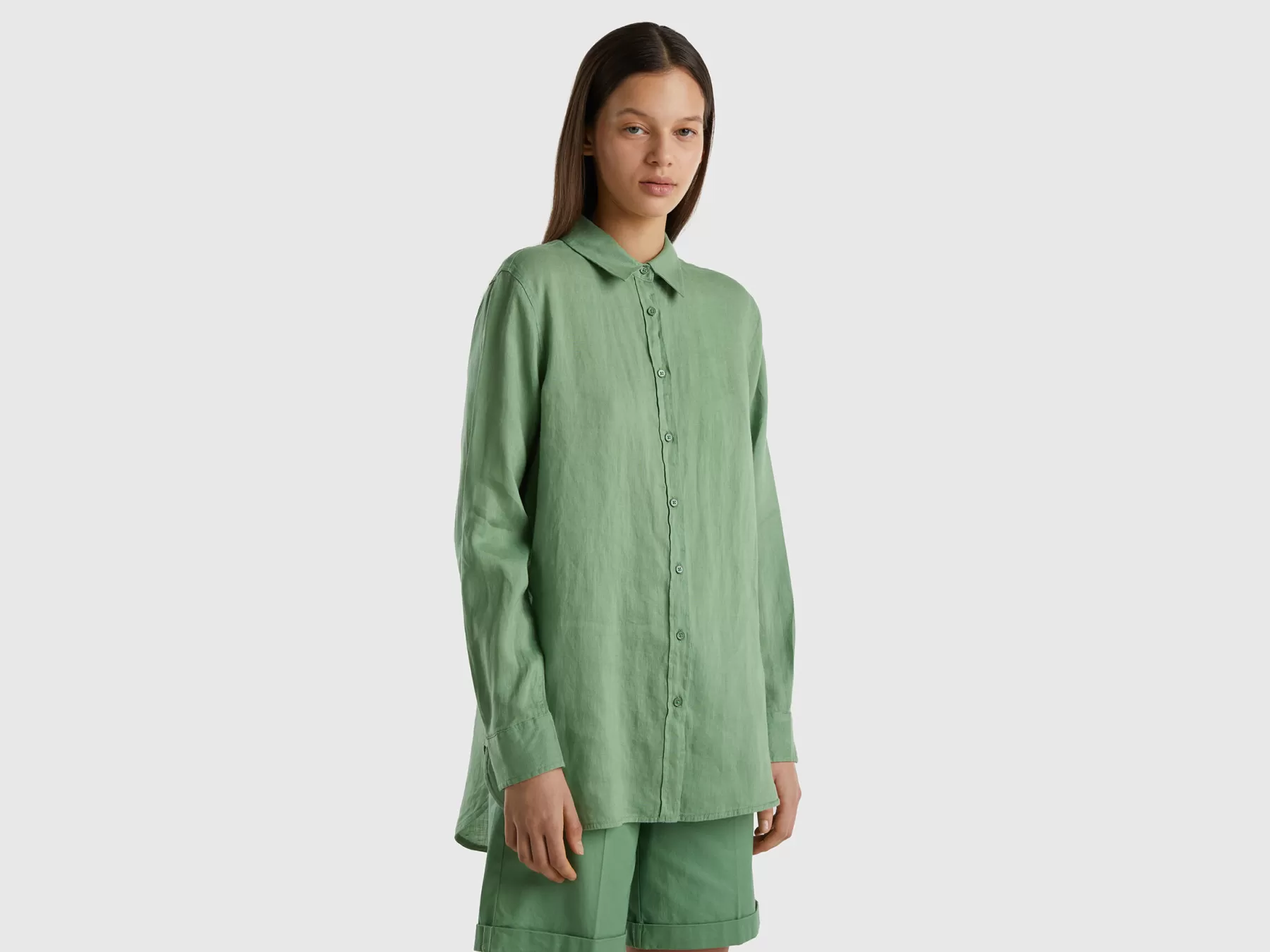 Benetton Camicia Lunga In Puro Lino Verde Outlet