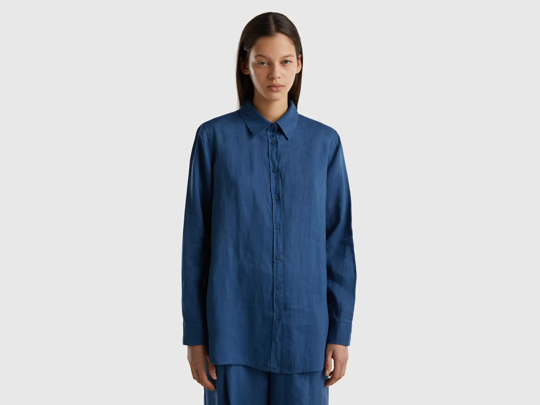 Benetton Camicia Lunga In Puro Lino Blu Online