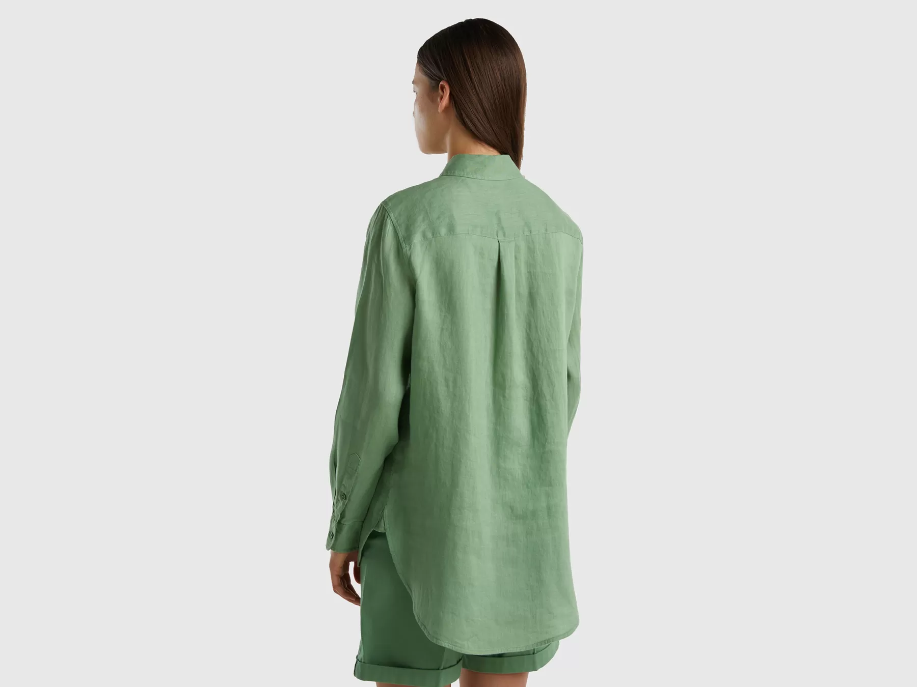 Benetton Camicia Lunga In Puro Lino Verde Outlet