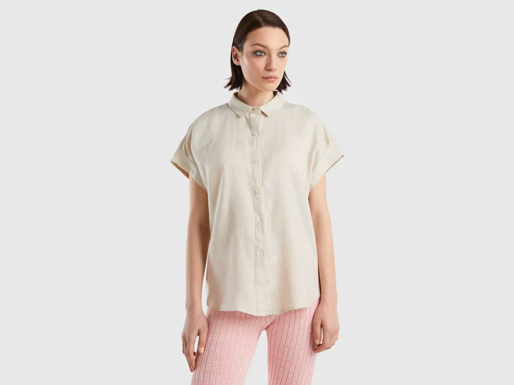 Benetton Camicia Manica Corta In Puro Lino Beige Shop