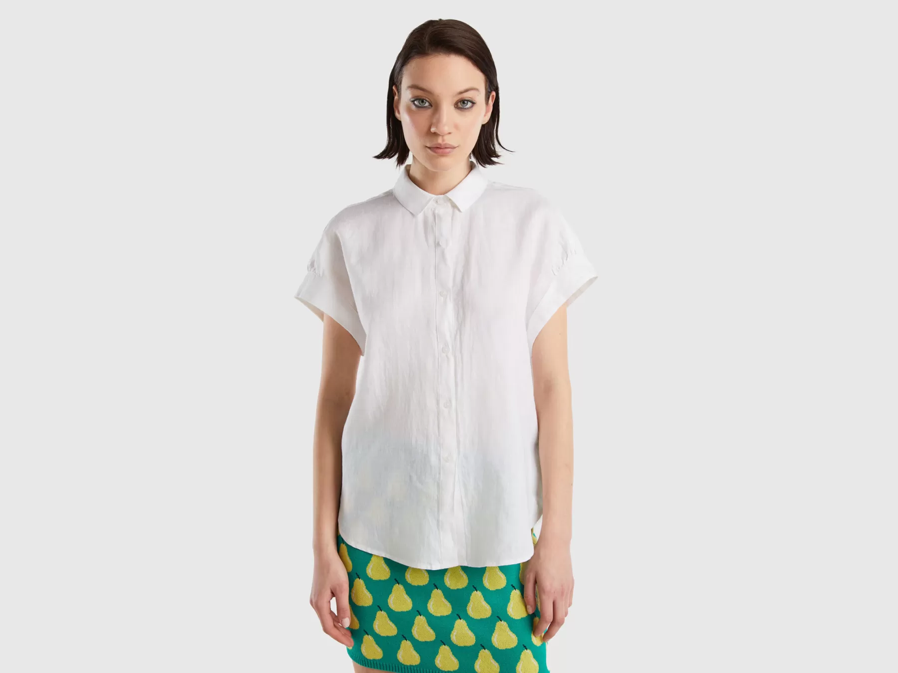 Benetton Camicia Manica Corta In Puro Lino Bianco Sale