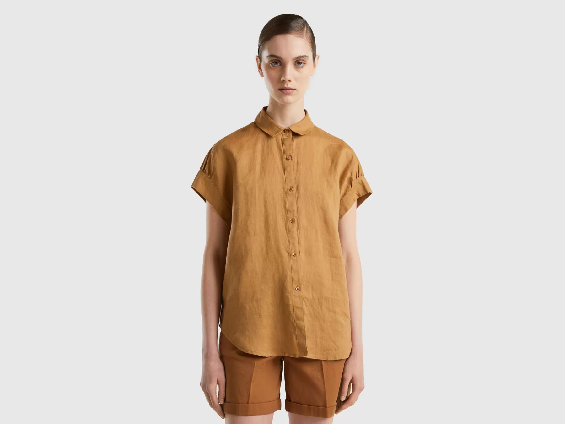 Benetton Camicia Manica Corta In Puro Lino Beige Best