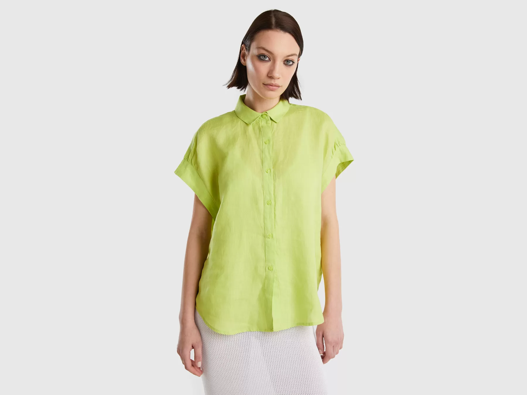 Benetton Camicia Manica Corta In Puro Lino Verde Fluo New