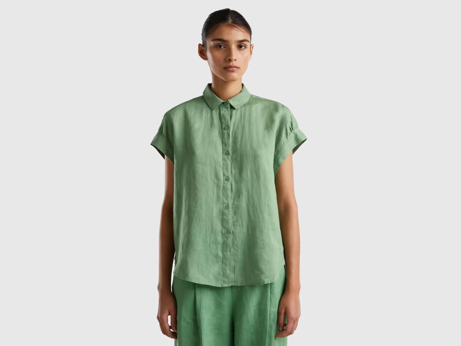 Benetton Camicia Manica Corta In Puro Lino Verde New