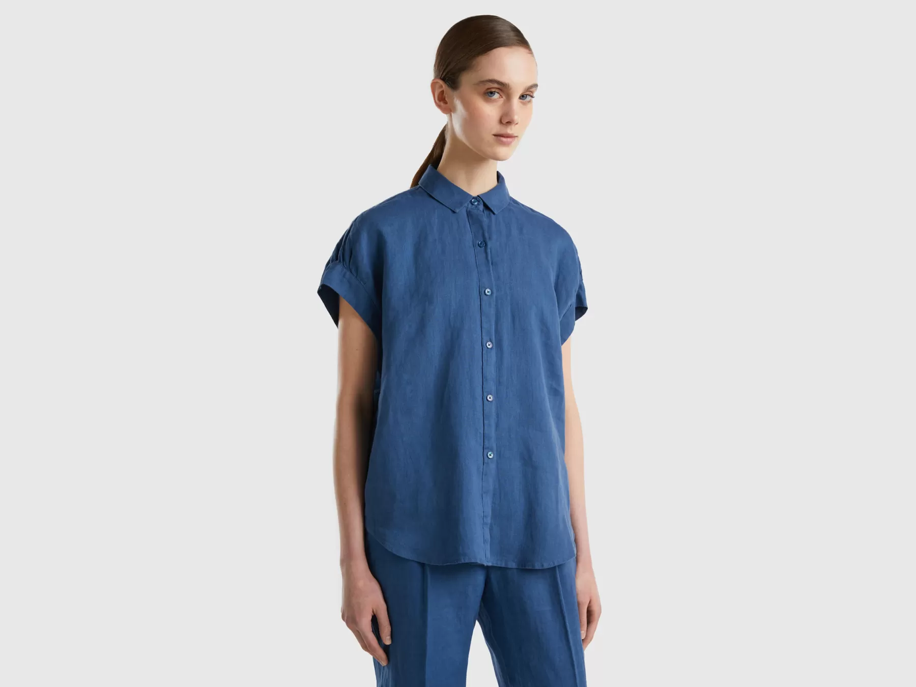 Benetton Camicia Manica Corta In Puro Lino Blu Cheap