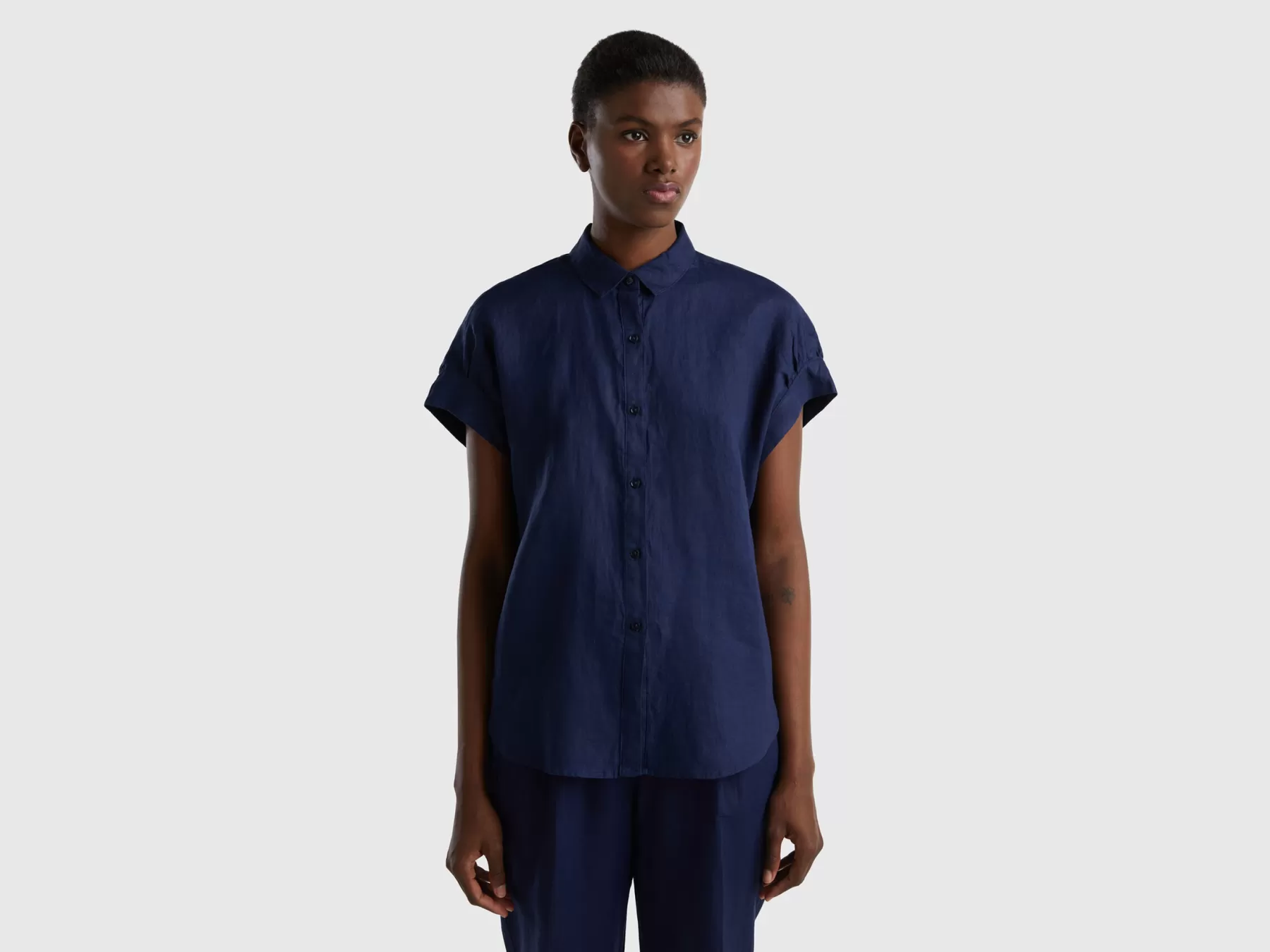 Benetton Camicia Manica Corta In Puro Lino Blu Scuro Best Sale