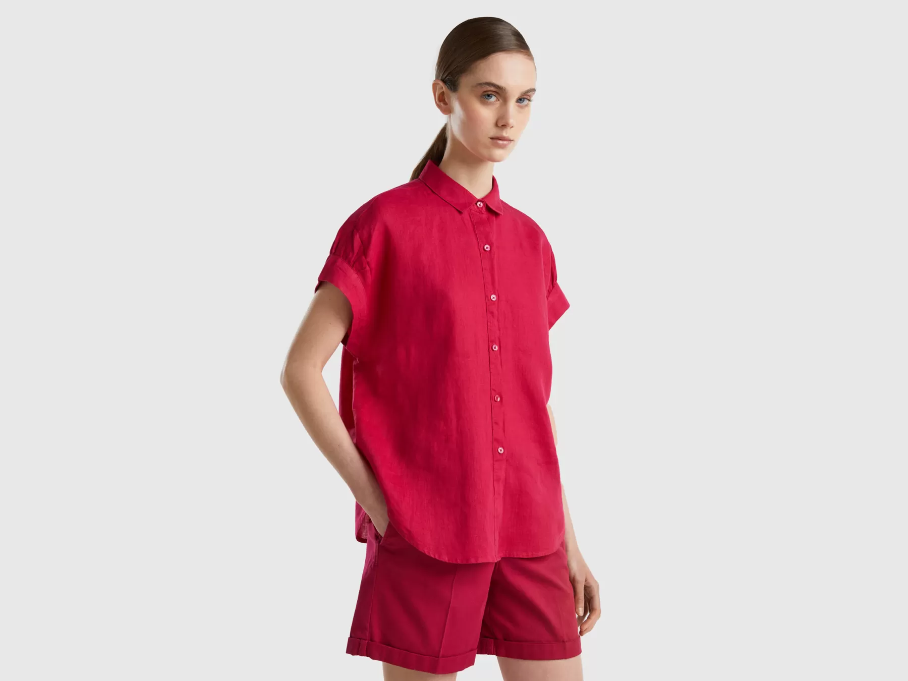 Benetton Camicia Manica Corta In Puro Lino Fucsia Clearance