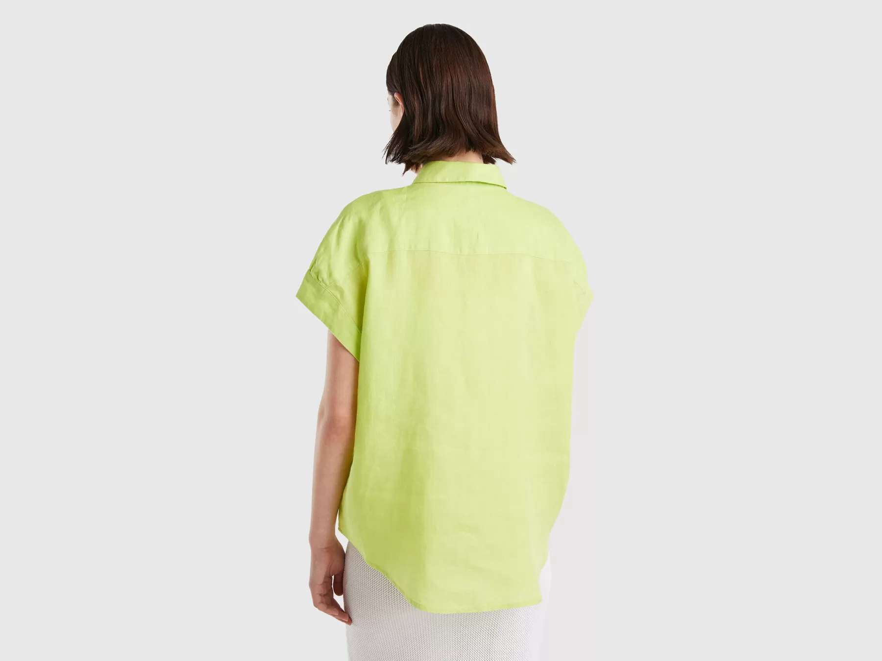 Benetton Camicia Manica Corta In Puro Lino Verde Fluo New