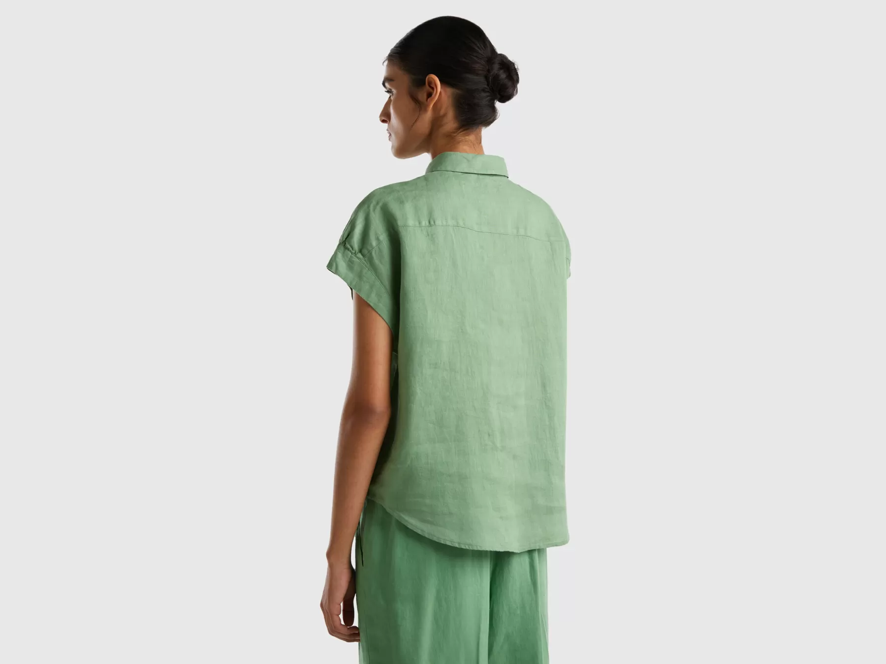 Benetton Camicia Manica Corta In Puro Lino Verde New