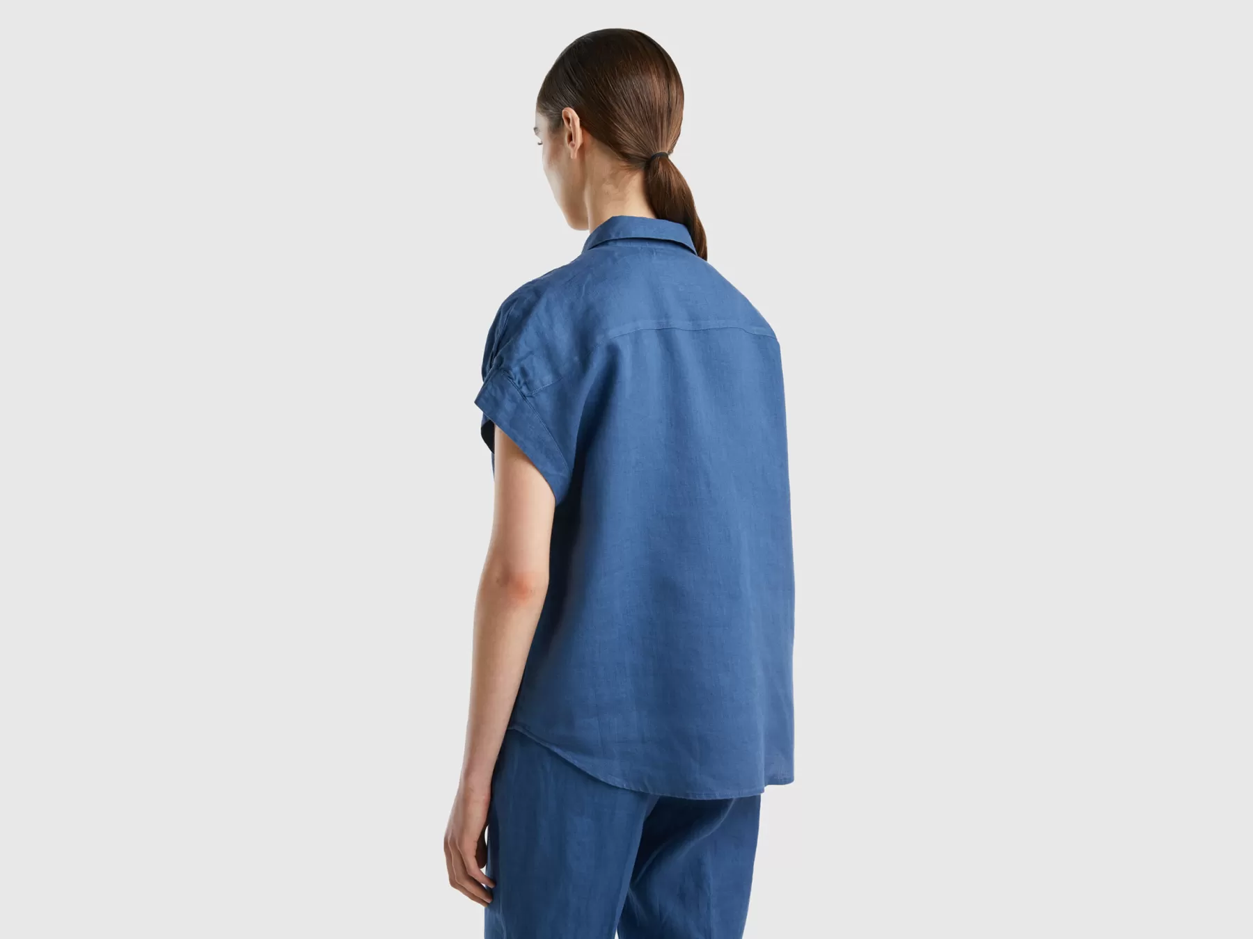 Benetton Camicia Manica Corta In Puro Lino Blu Cheap