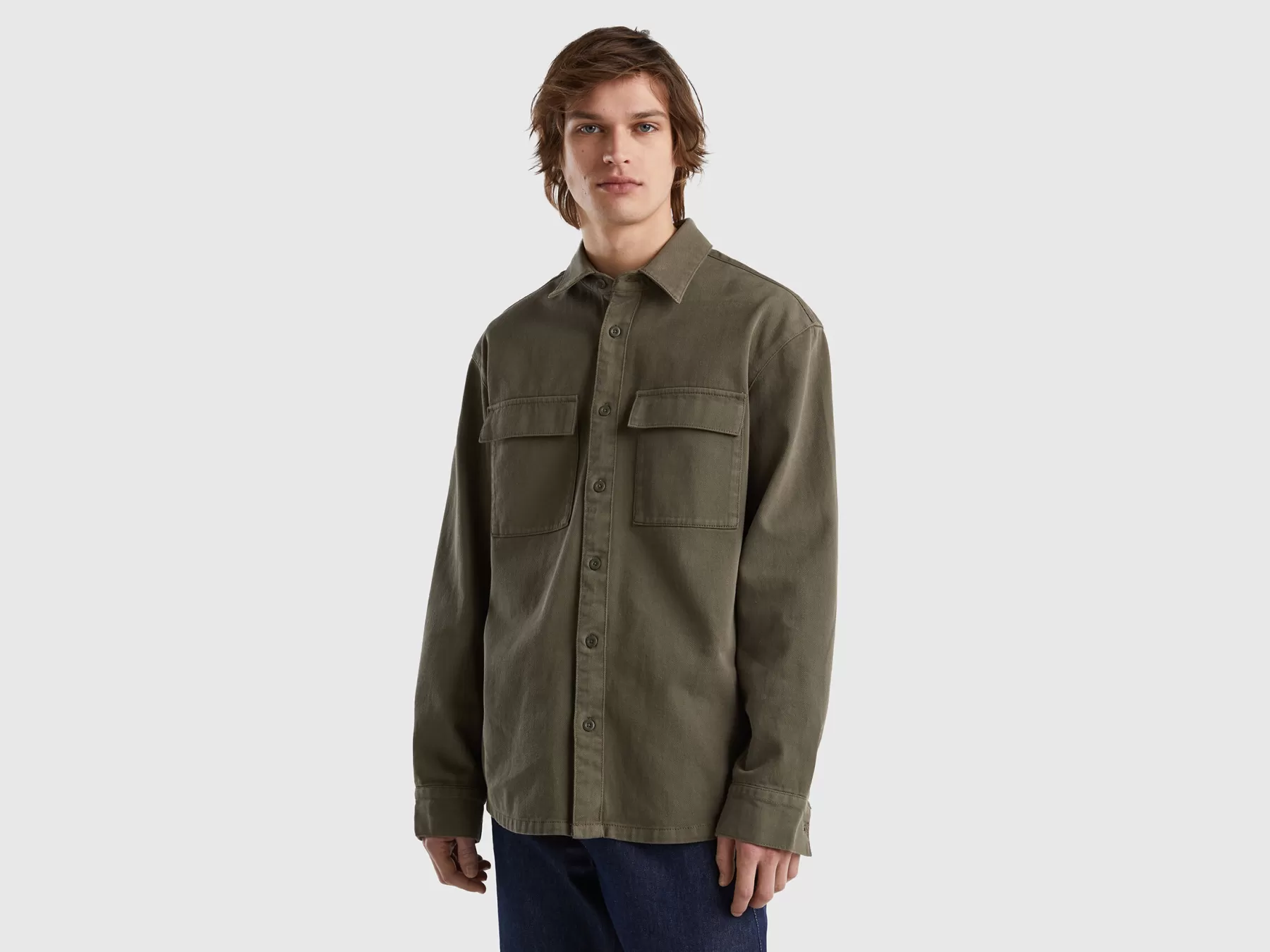 Benetton Camicia Oversize Con Tasche Verde Militare New