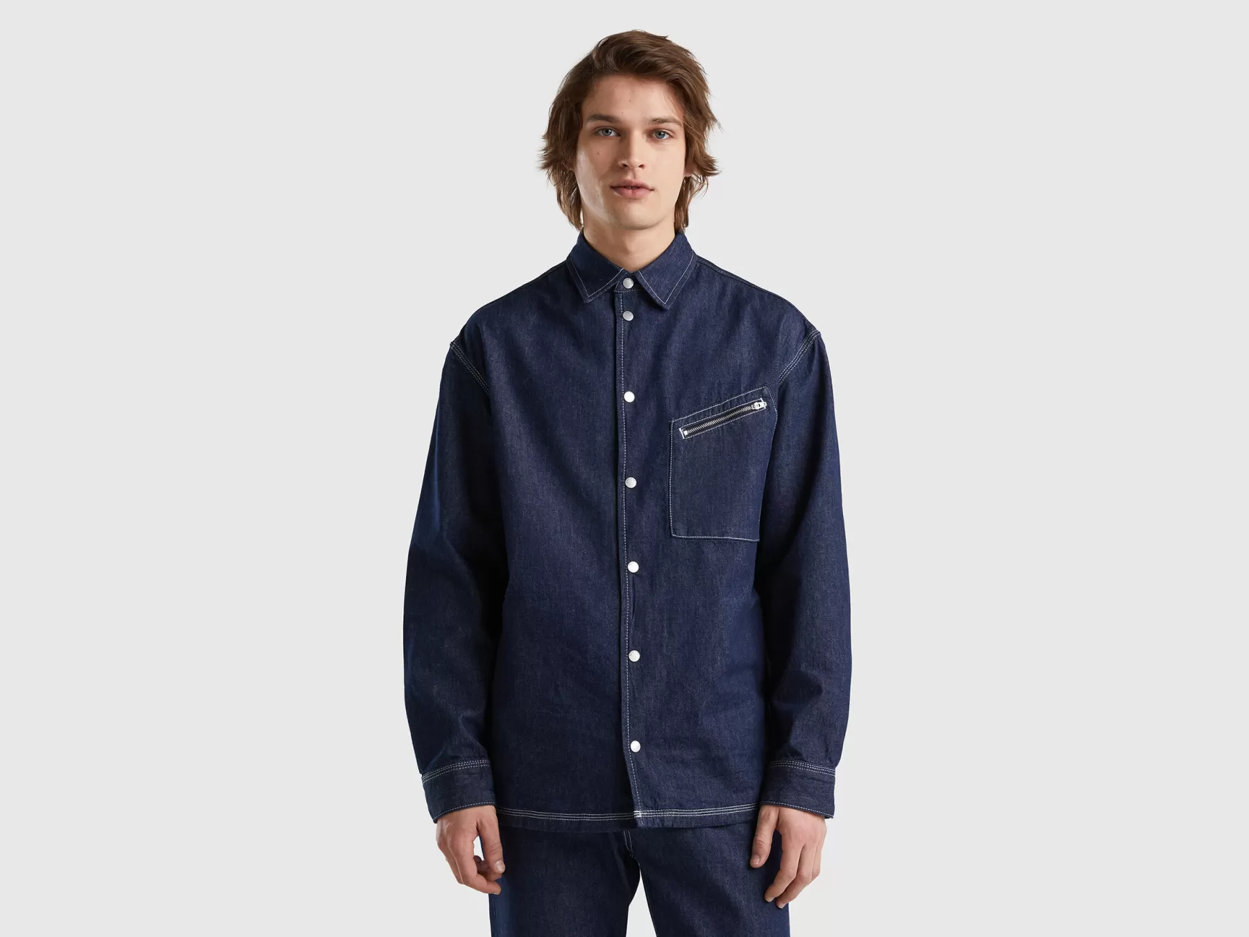 Benetton Camicia Oversize In Chambray Blu Scuro Fashion