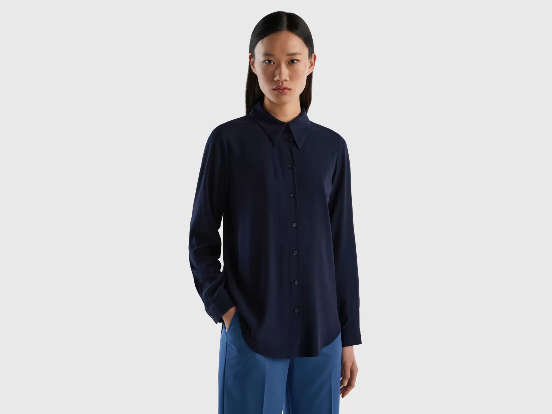 Benetton Camicia Regular Fit In Viscosa Sostenibile Blu Scuro Cheap