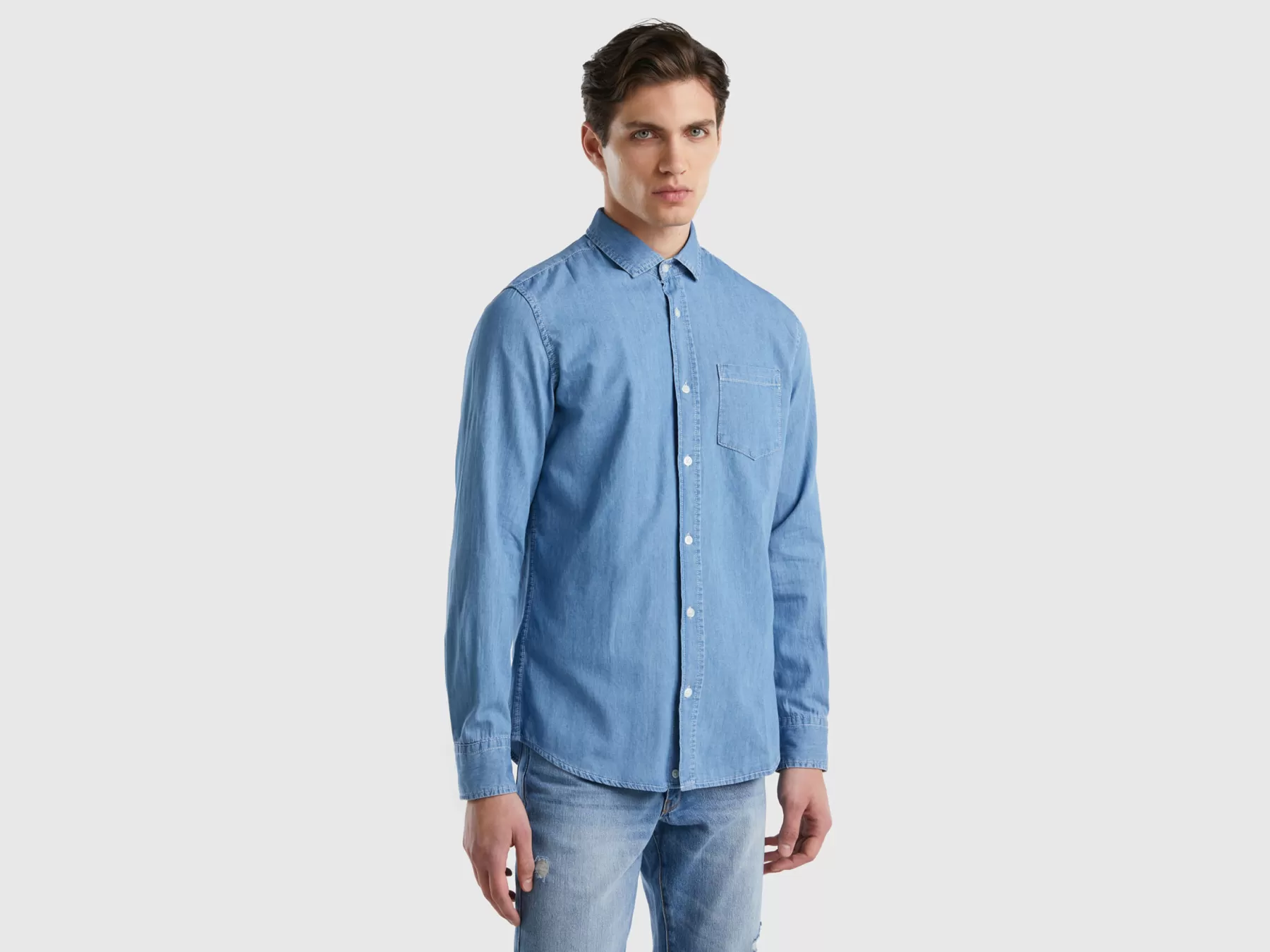 Benetton Camicia Slim Fit In Chambray Azzurro Flash Sale