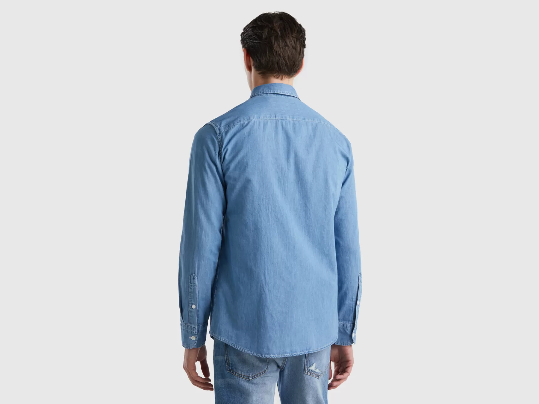 Benetton Camicia Slim Fit In Chambray Azzurro Flash Sale