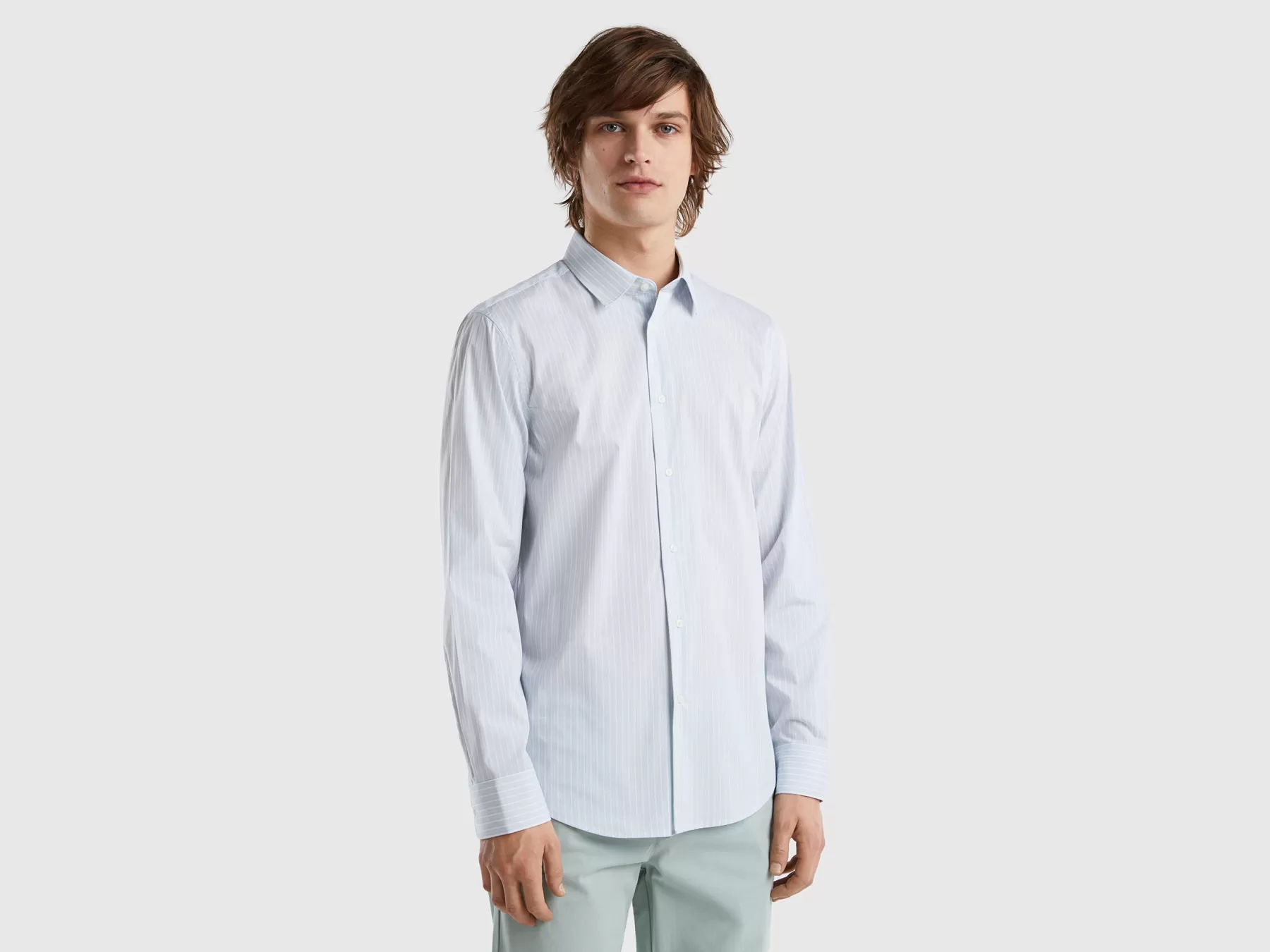 Benetton Camicia Slim Fit In Misto Cotone Stretch Bianco New