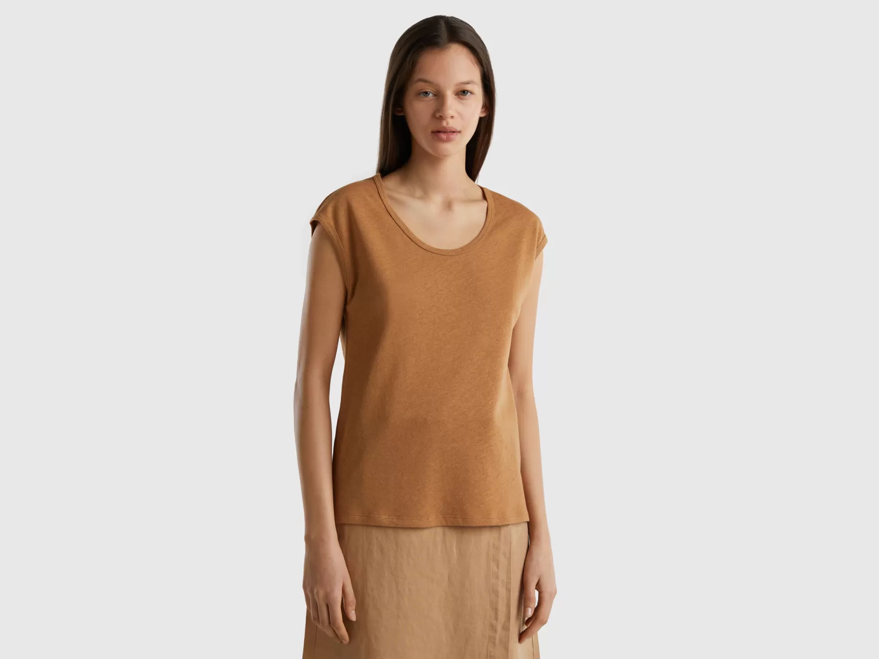 Benetton Canotta Leggera In Misto Lino Beige Flash Sale