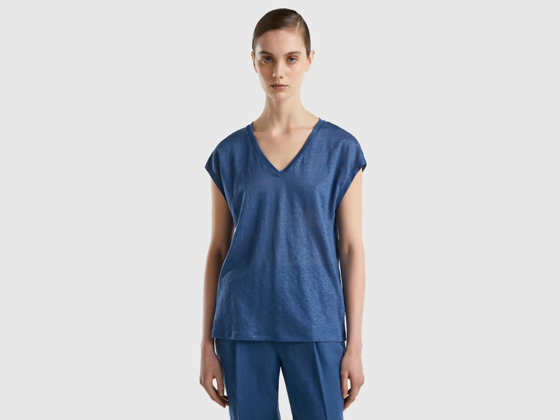 Benetton Canotta Scollo A V 100% Lino Blu Cheap