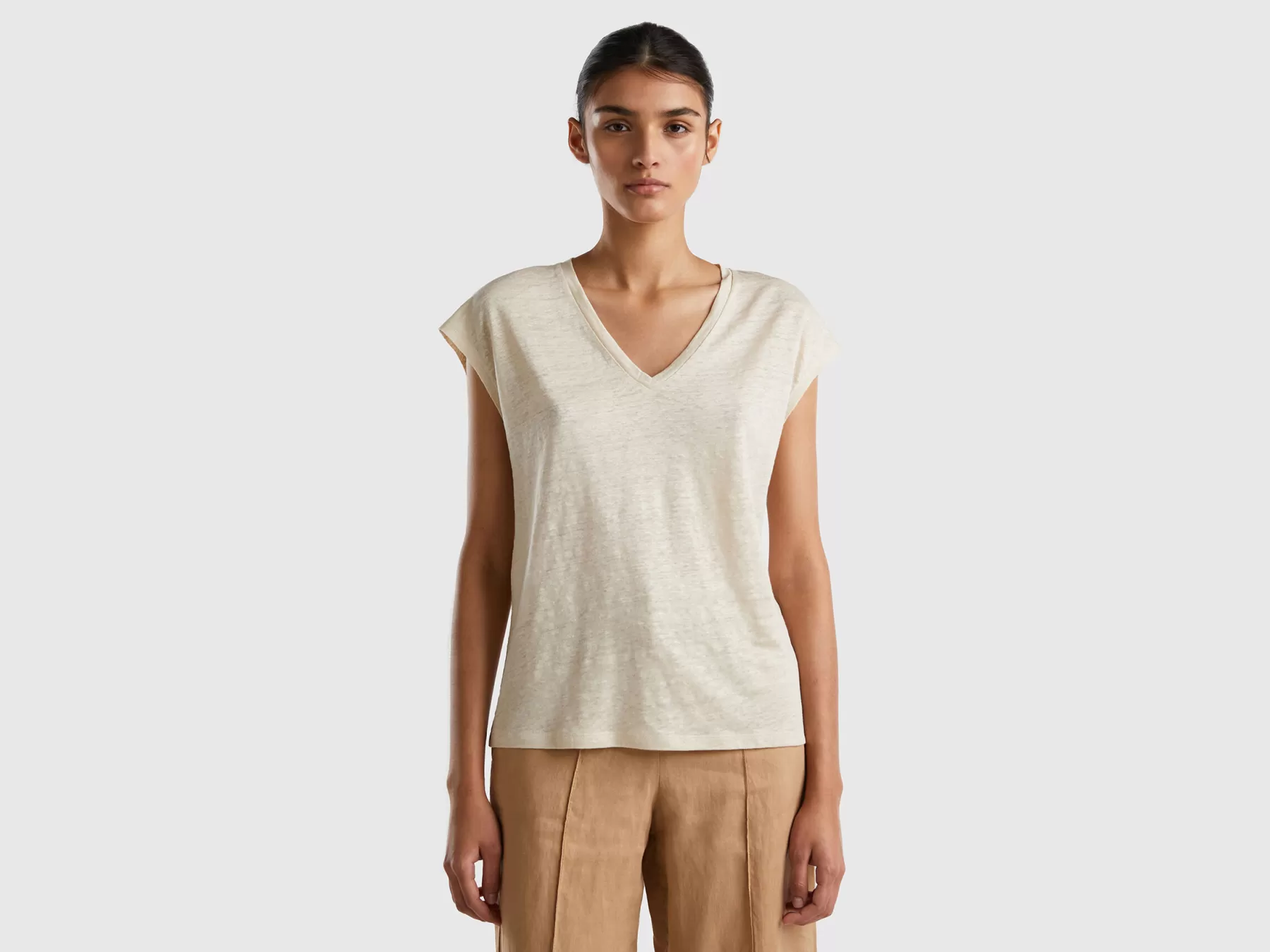 Benetton Canotta Scollo A V 100% Lino Beige Store