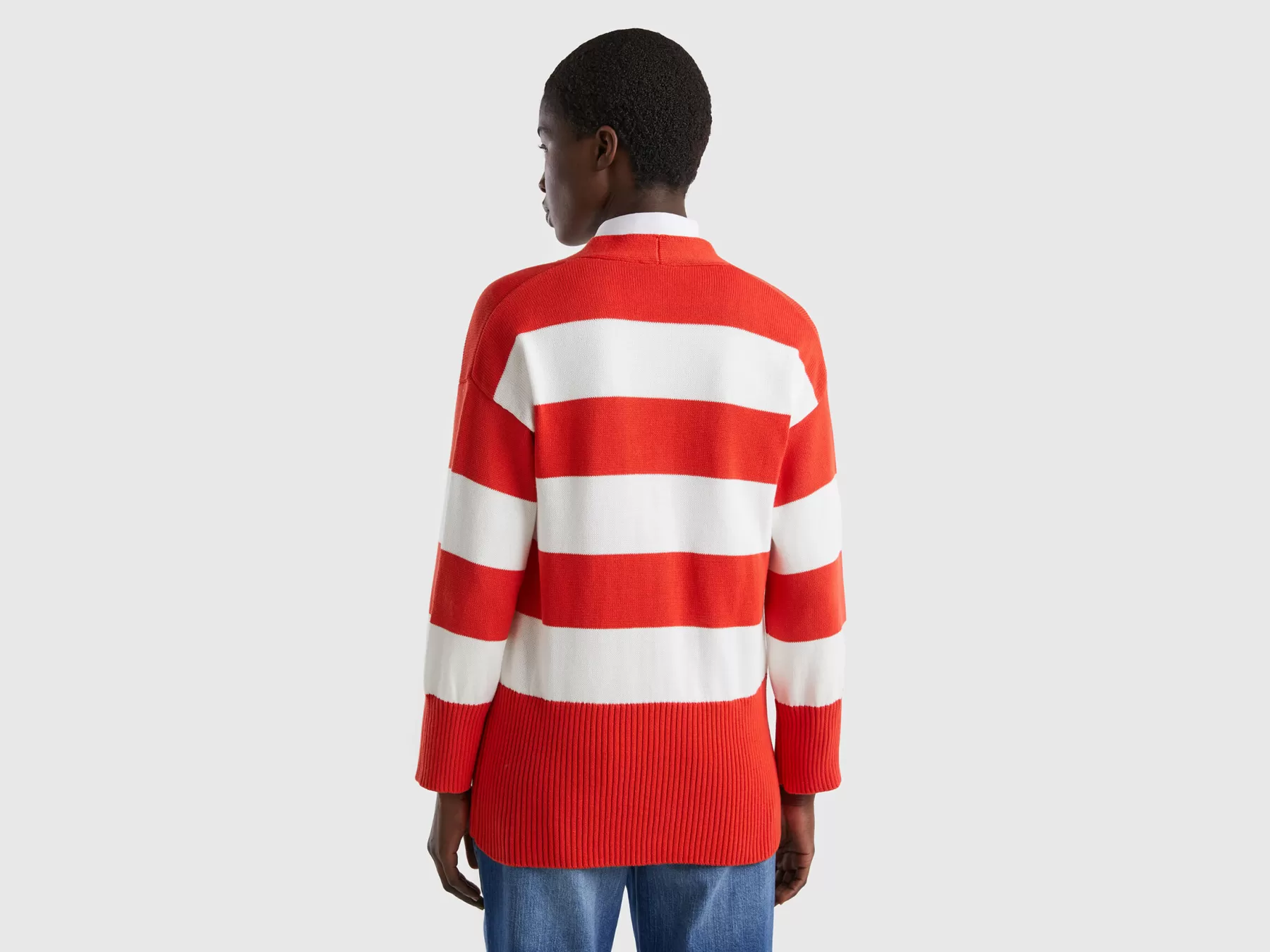 Benetton Cardigan A Righe In Cotone Tricot Rosso Sale