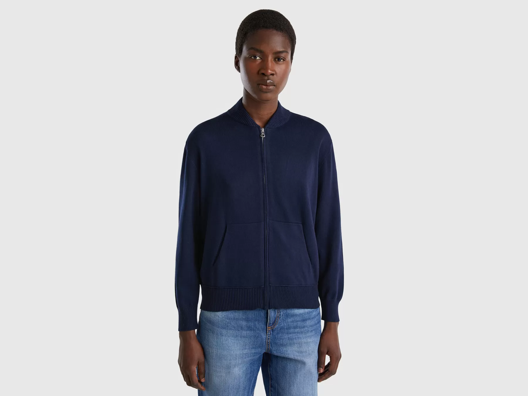 Benetton Cardigan Con Zip Boxy Fit Blu Scuro Cheap